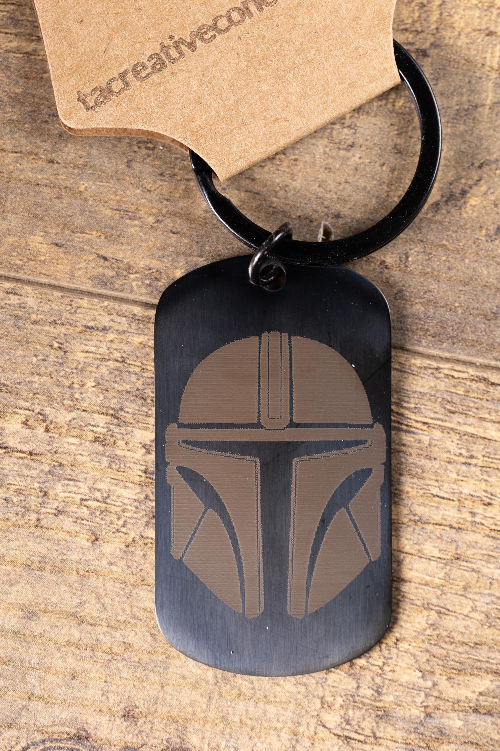 Black stainless steel mandalorian keychain | laser engraved star wars metal | same image both sides | durable gift