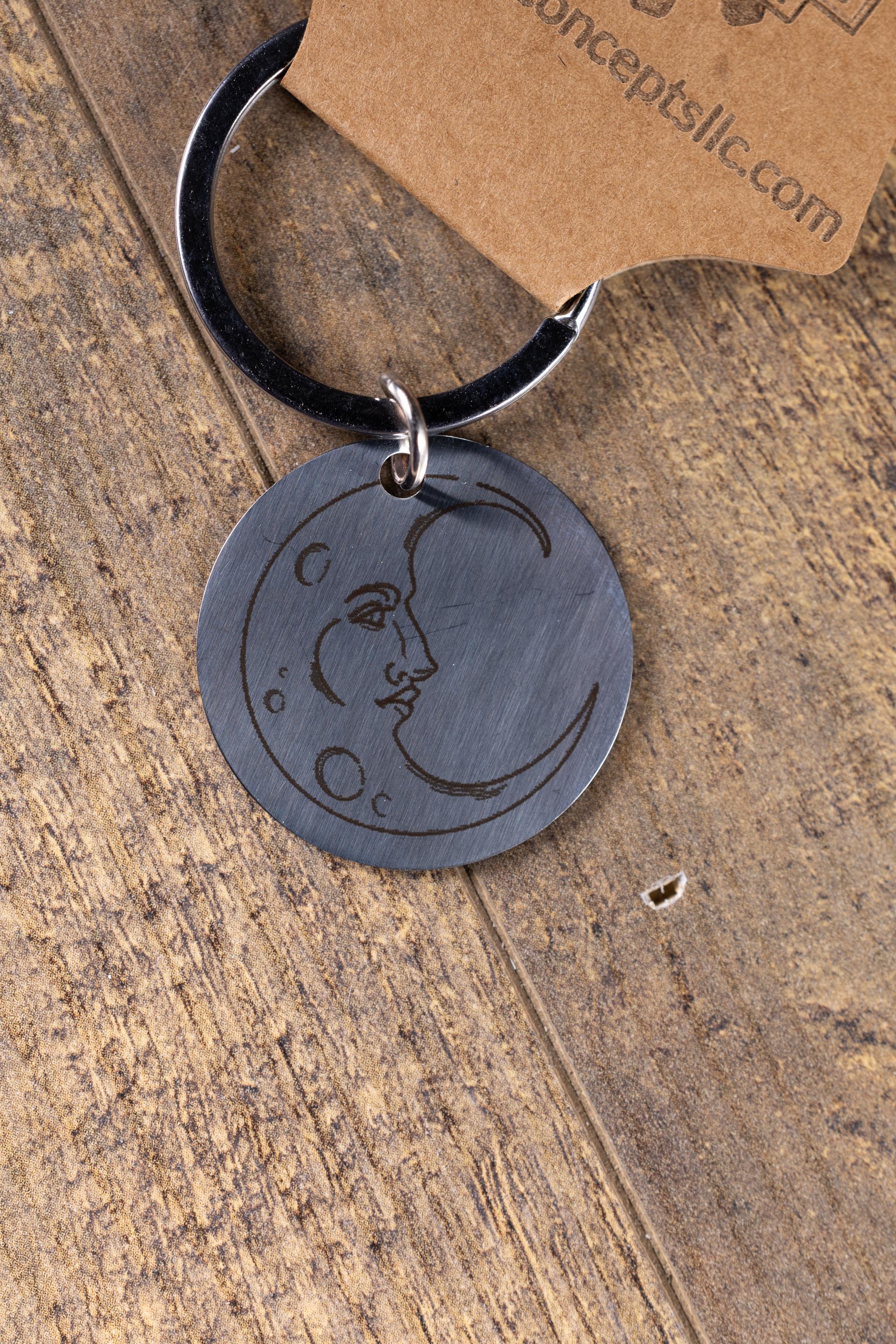 Engraved moon keychain: polished stainless steel celestial gift