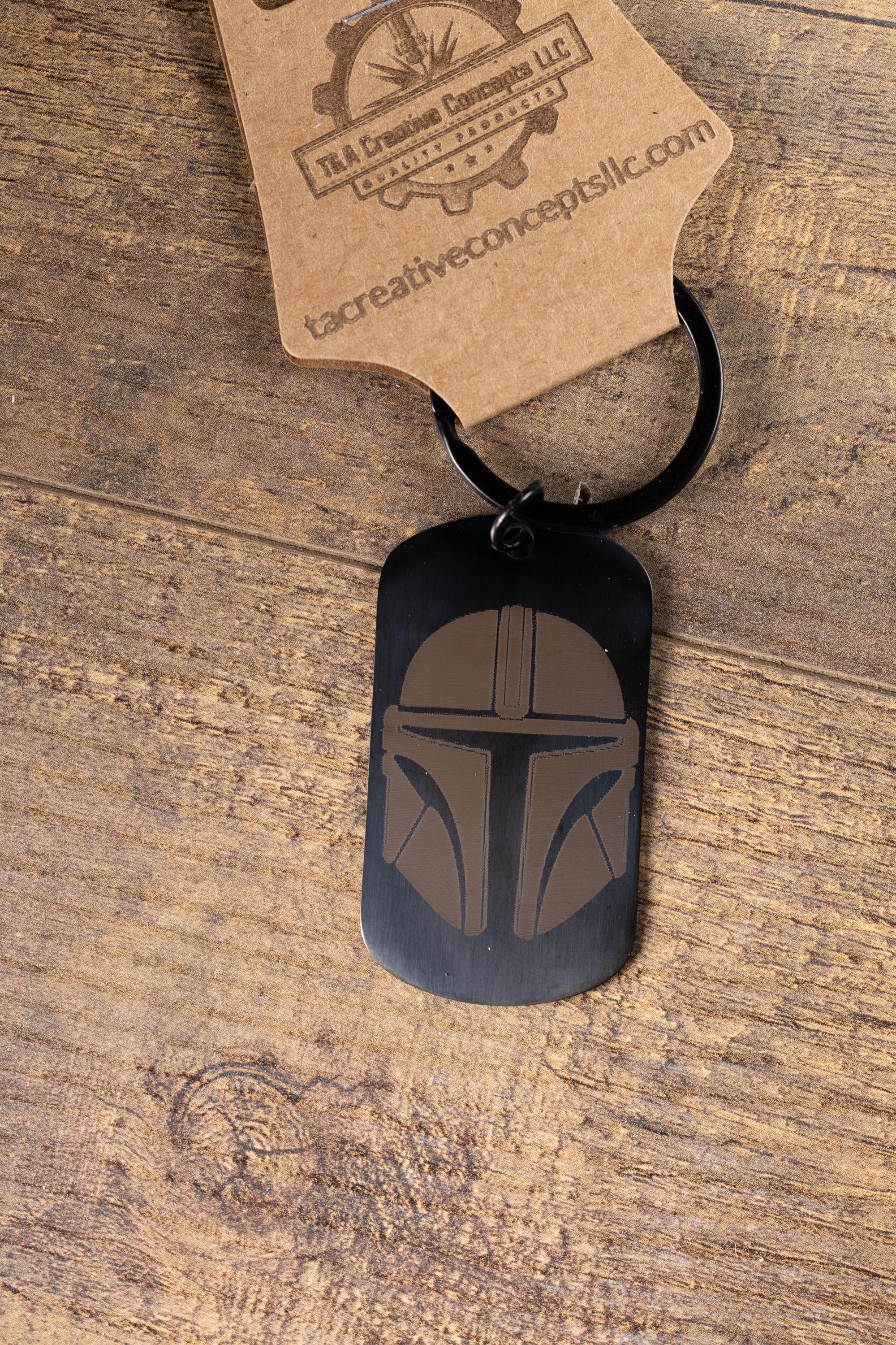 Black stainless steel mandalorian keychain | laser engraved star wars metal | same image both sides | durable gift