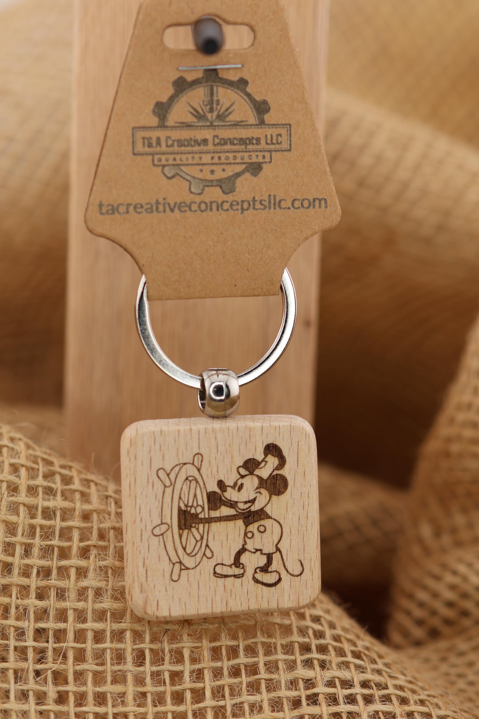Steamboat Willie Keychain / Bag Charm: laser engraved hardwood, stainless steel keyring