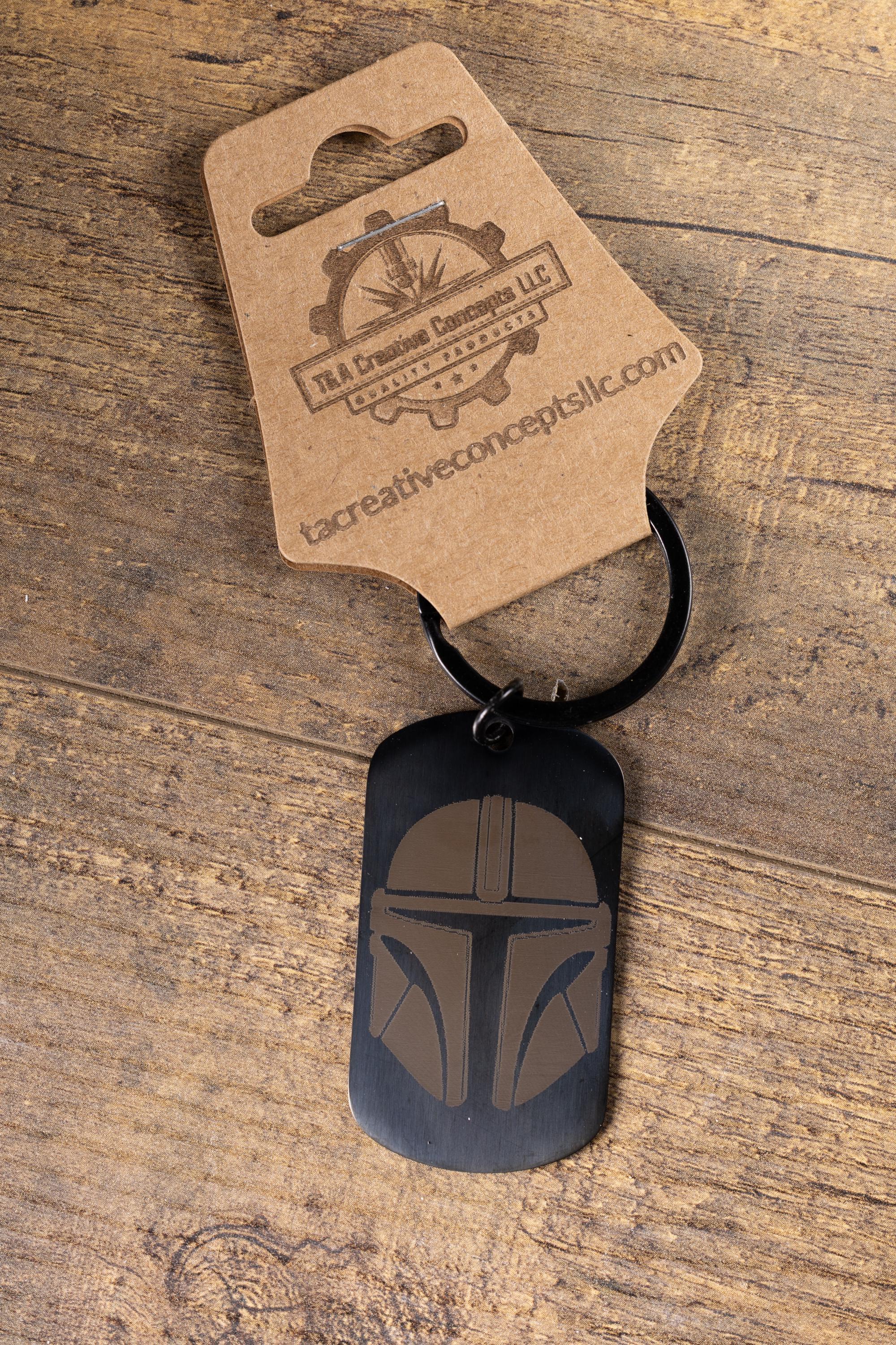 Black stainless steel mandalorian keychain | laser engraved star wars metal | same image both sides | durable gift