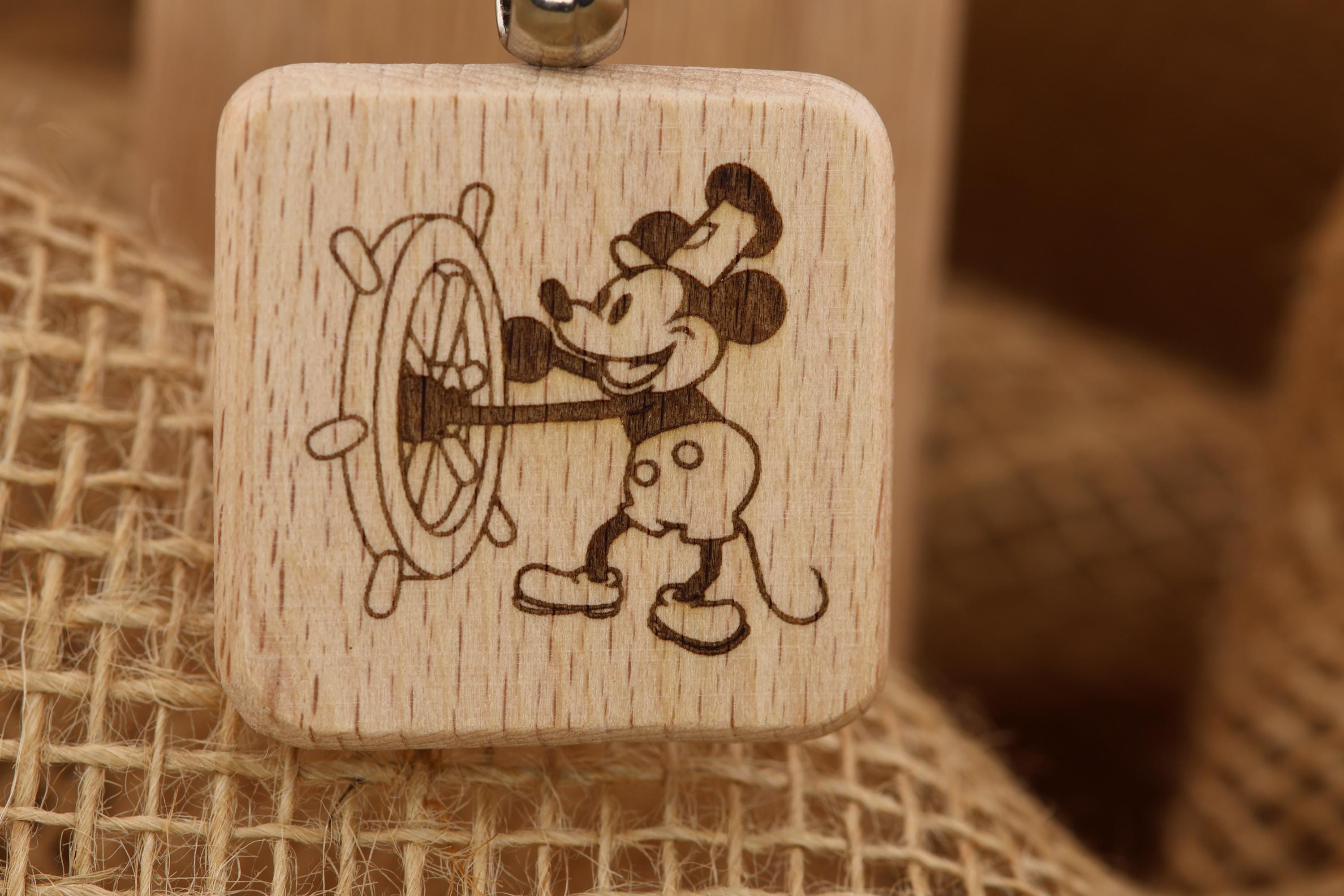 Steamboat Willie Keychain / Bag Charm: laser engraved hardwood, stainless steel keyring