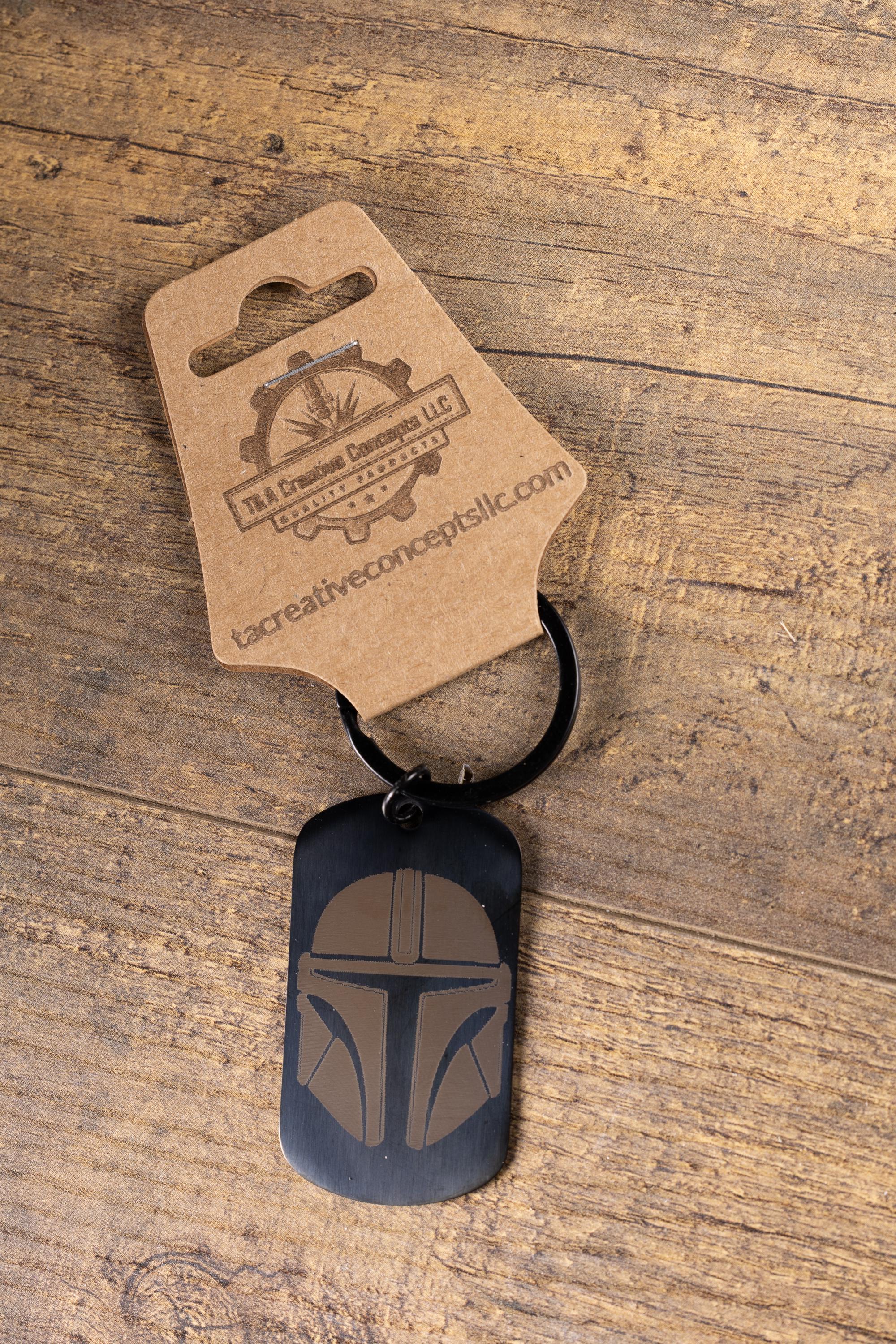 Black stainless steel mandalorian keychain | laser engraved star wars metal | same image both sides | durable gift