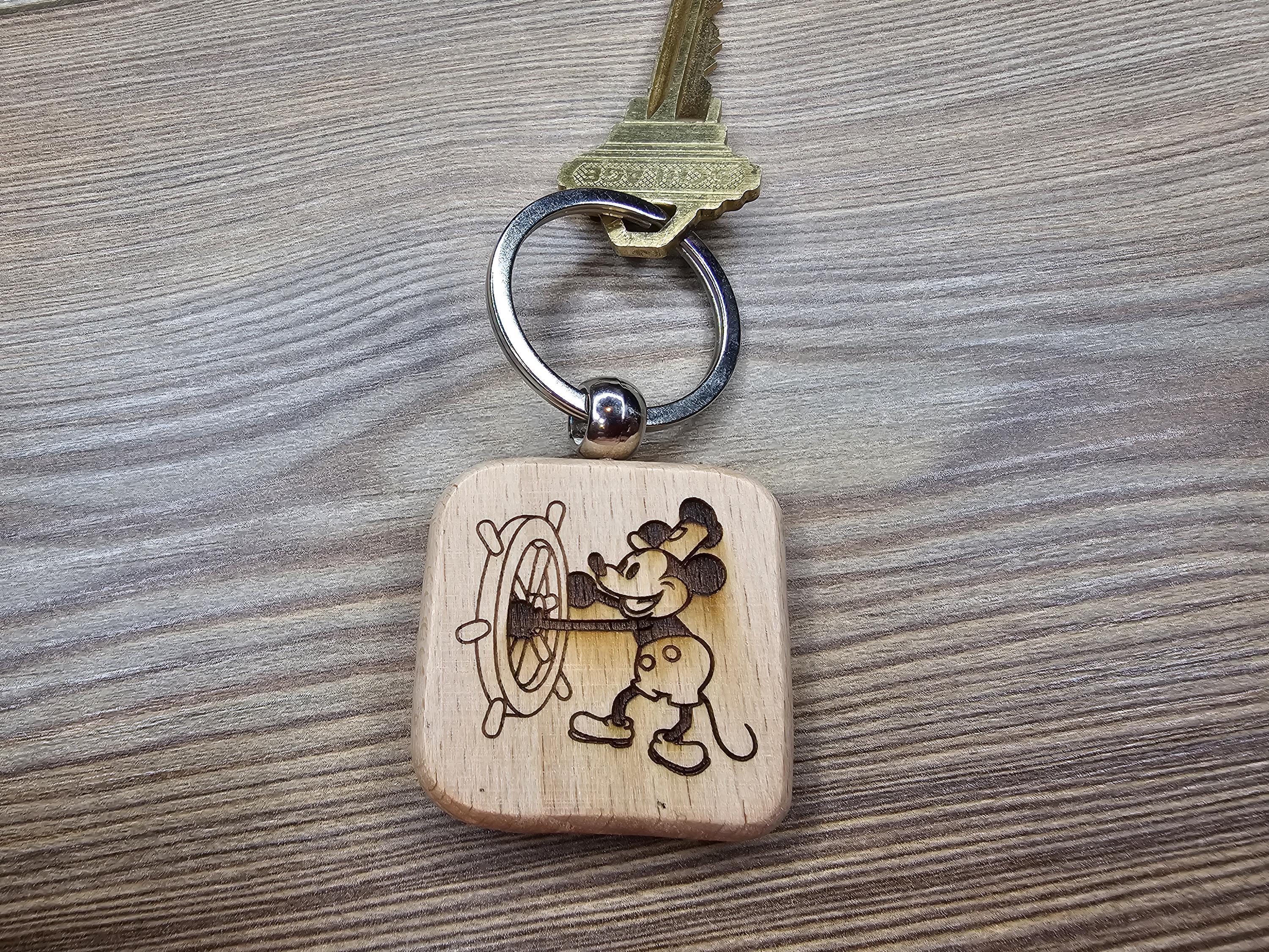 Steamboat Willie Keychain / Bag Charm: laser engraved hardwood, stainless steel keyring
