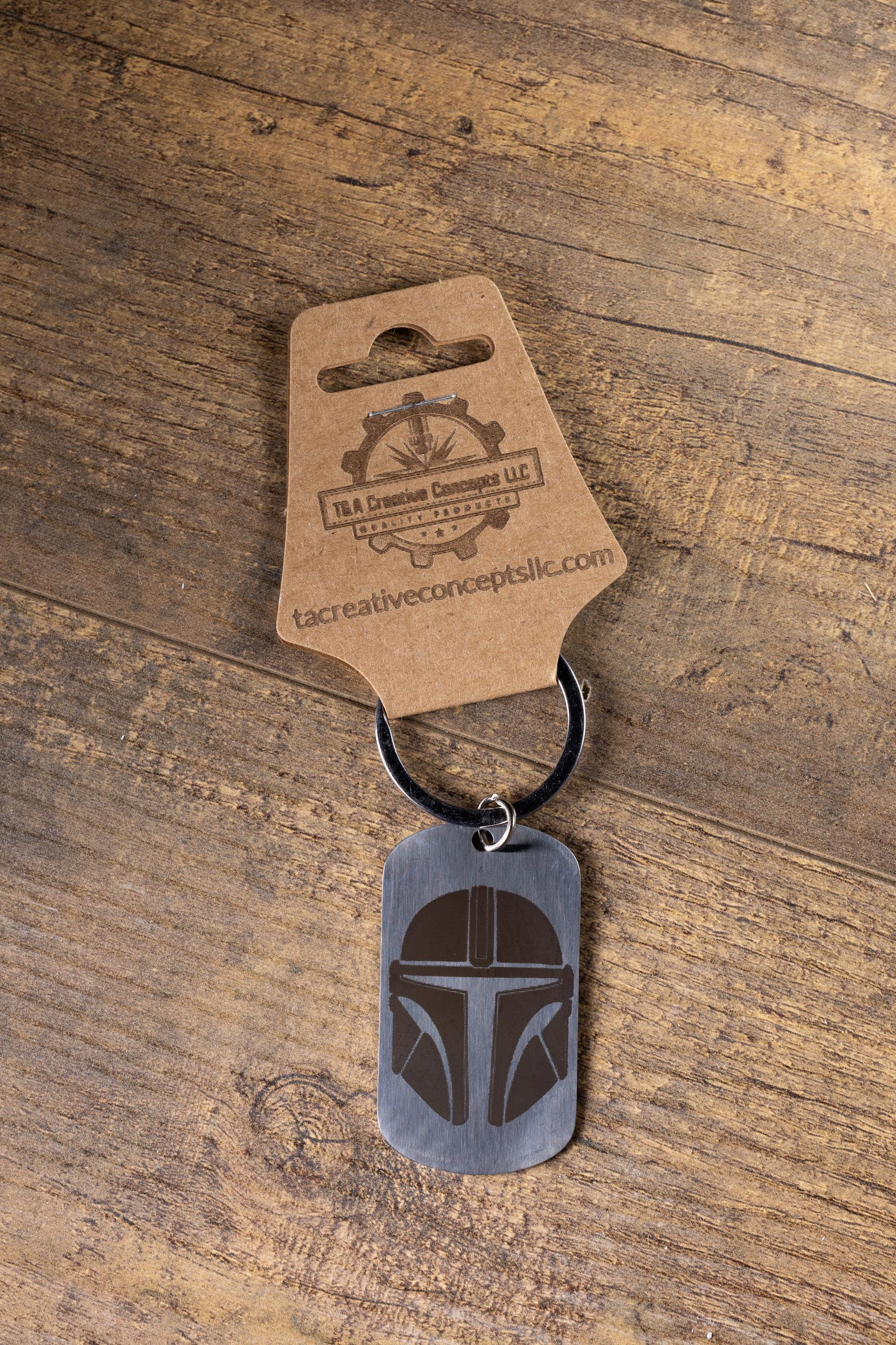 Black stainless steel mandalorian keychain | laser engraved star wars metal | same image both sides | durable gift