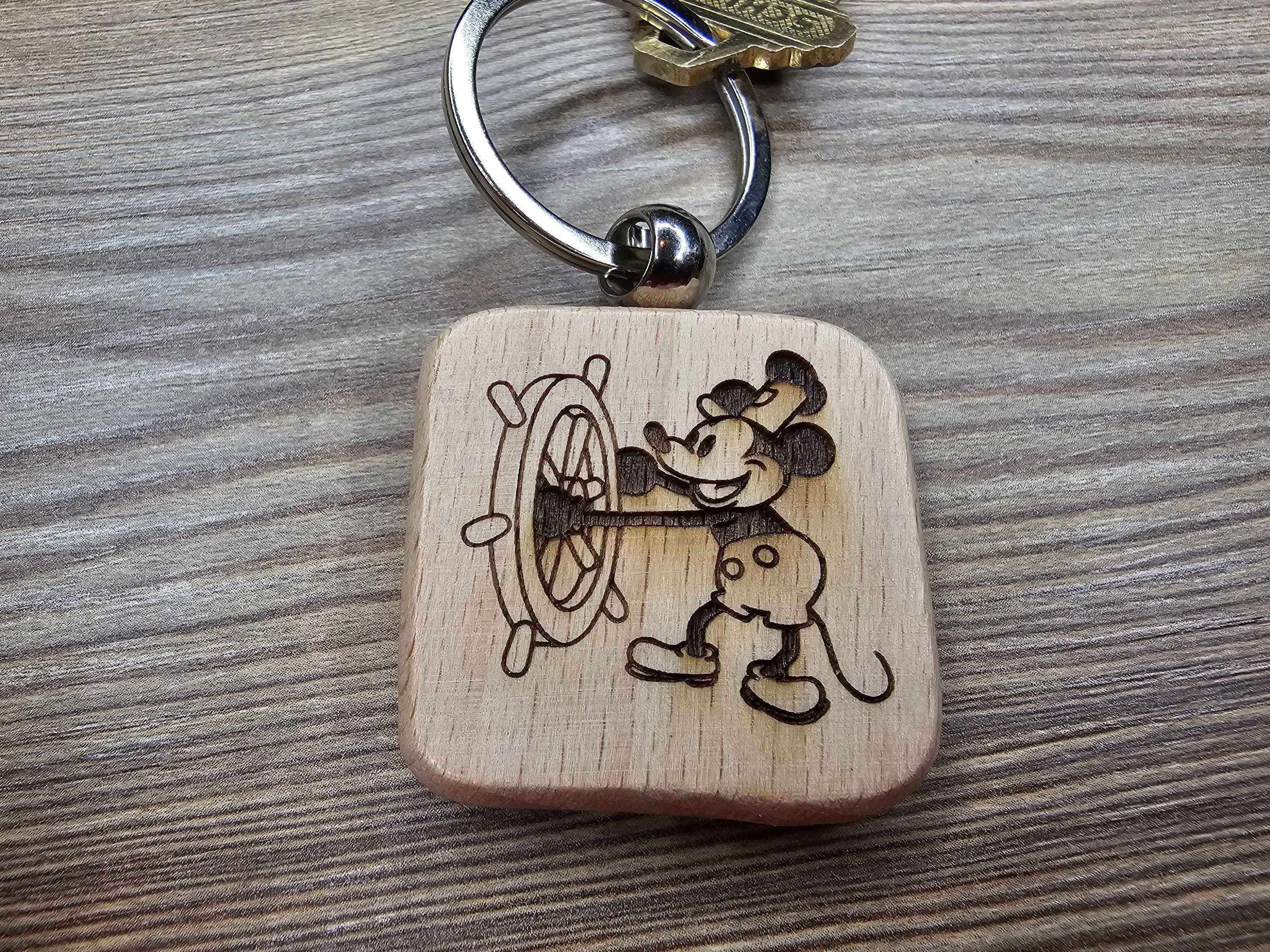 Steamboat Willie Keychain / Bag Charm: laser engraved hardwood, stainless steel keyring