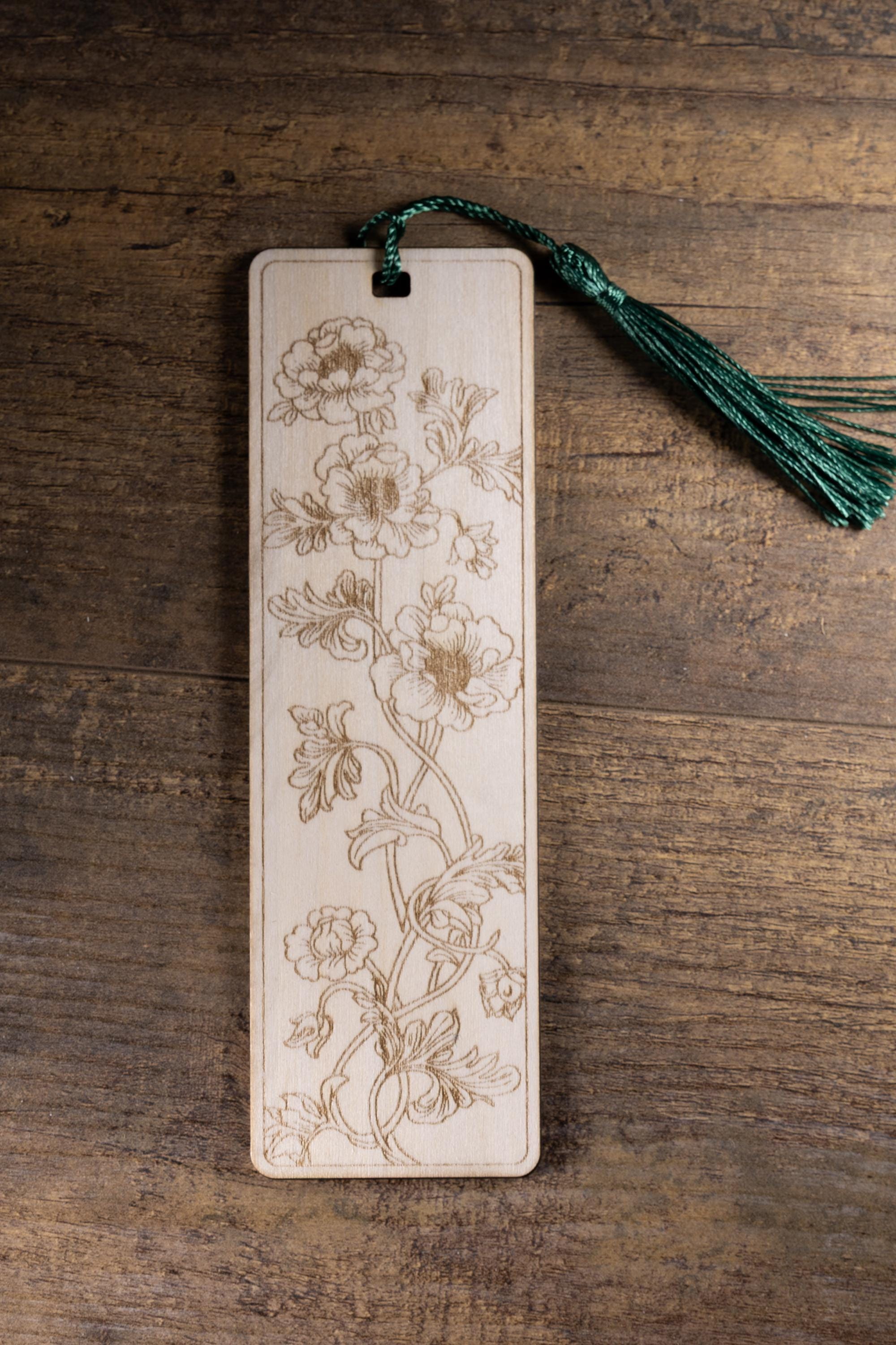 Floral laser engraved wood bookmark with tassel