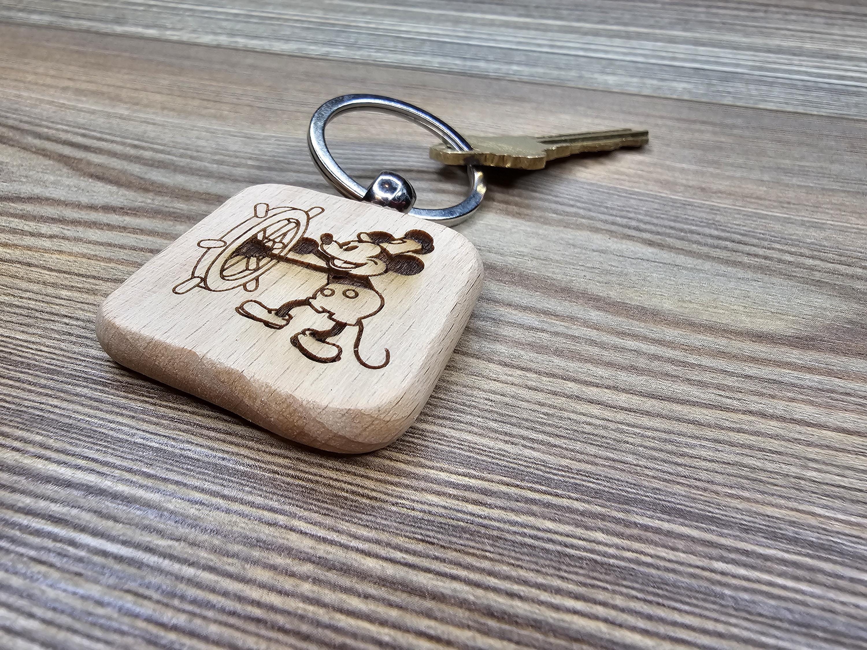 Steamboat Willie Keychain / Bag Charm: laser engraved hardwood, stainless steel keyring
