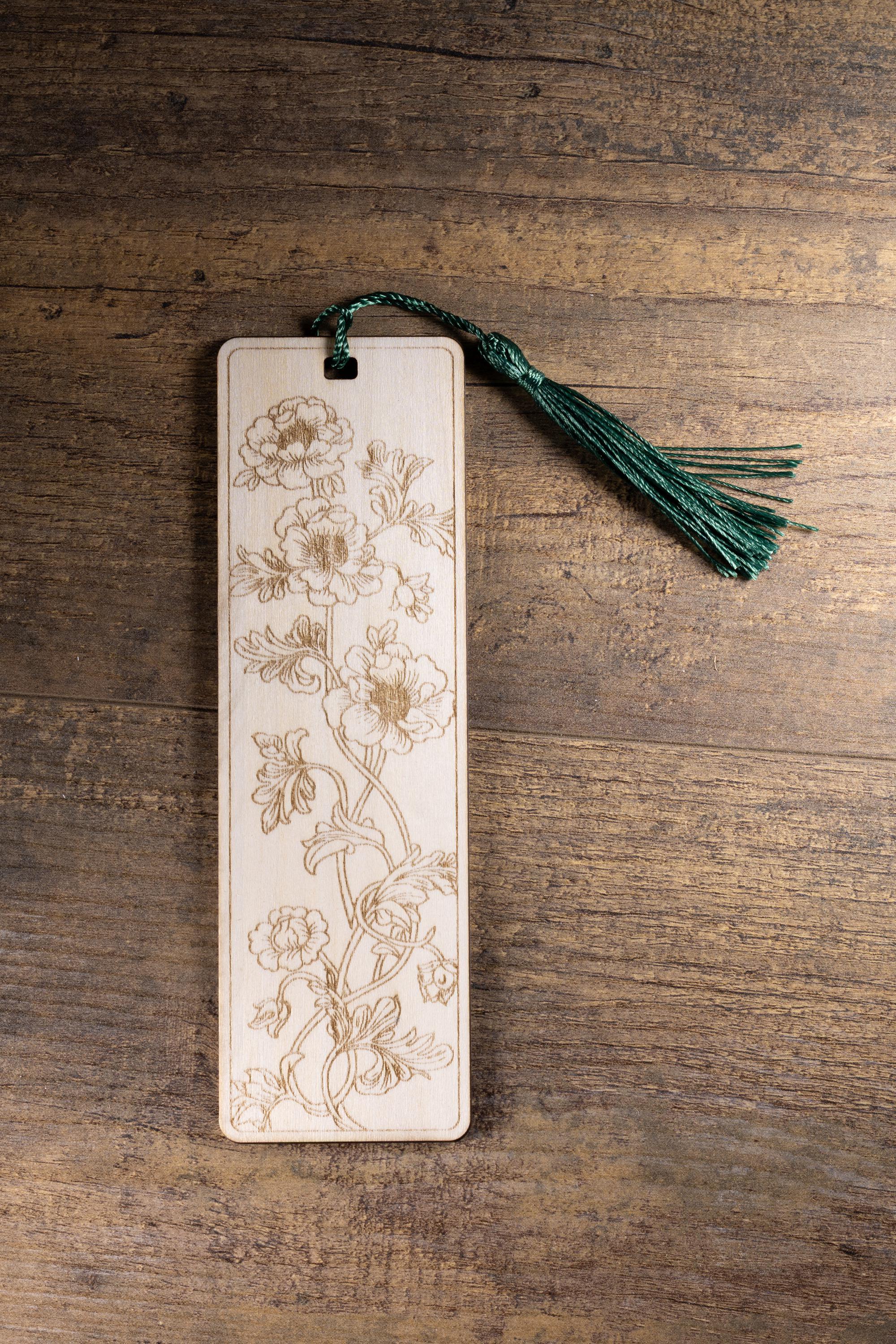 Floral laser engraved wood bookmark with tassel