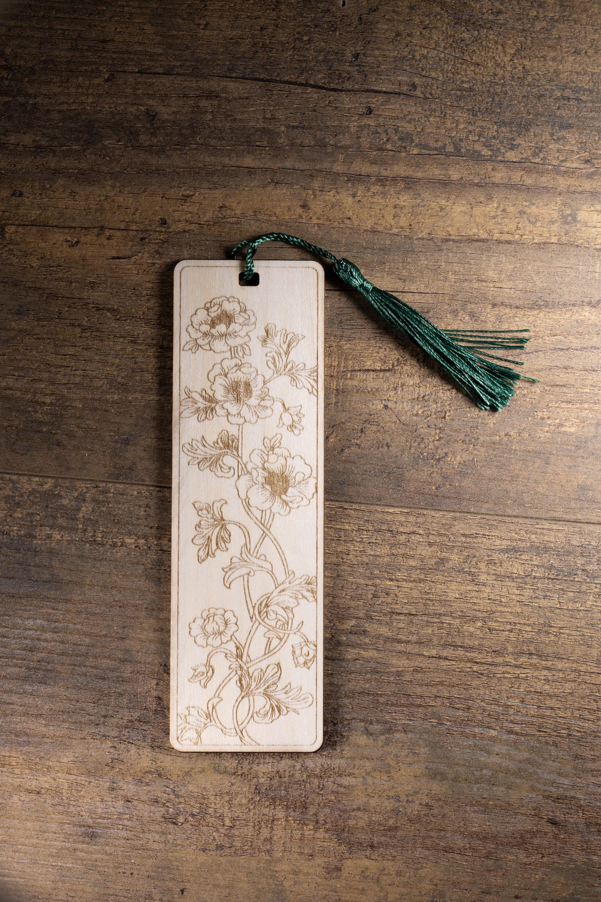 Floral laser engraved wood bookmark with tassel