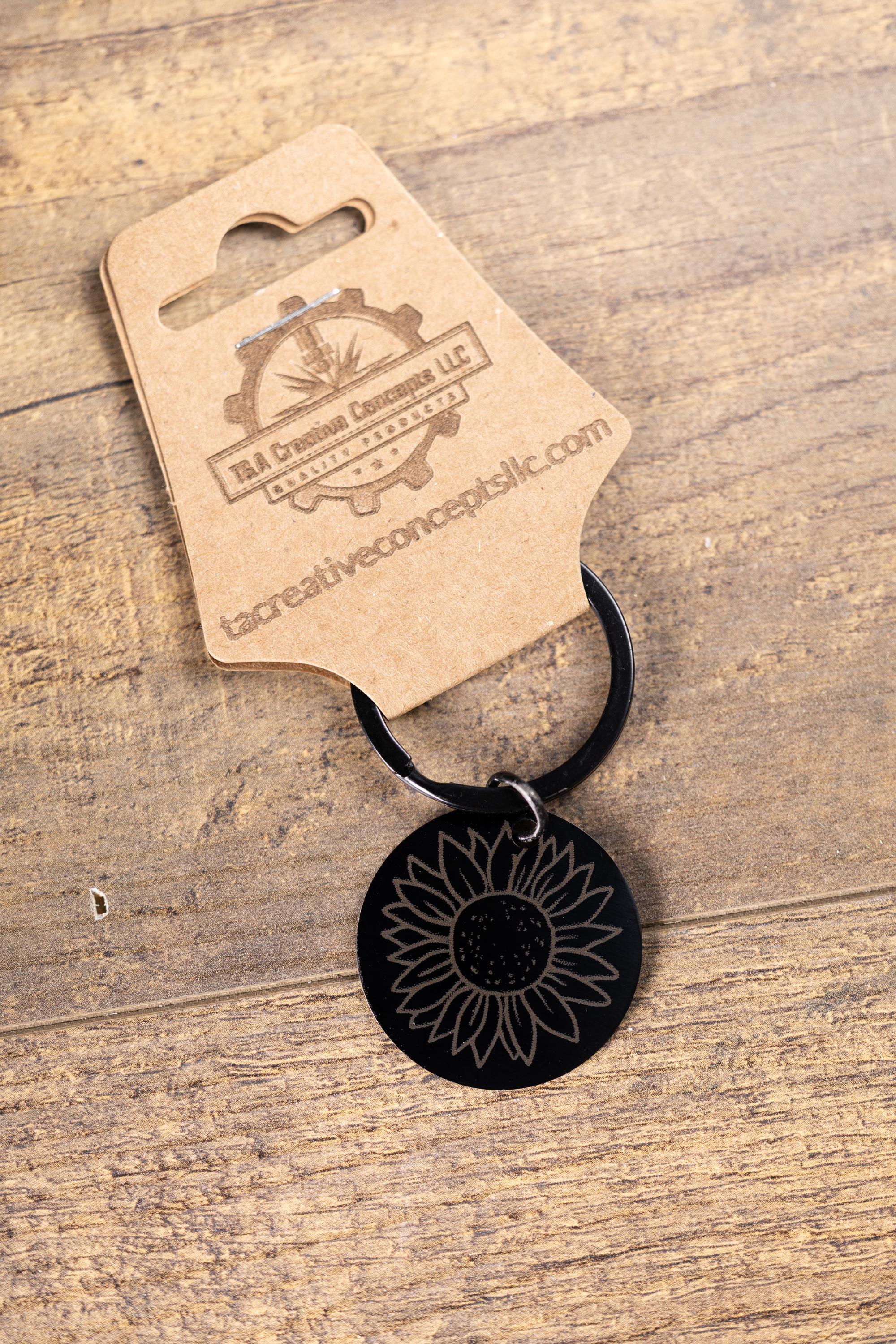 Laser engraved sunflower keychain: black stainless steel, stylish gift