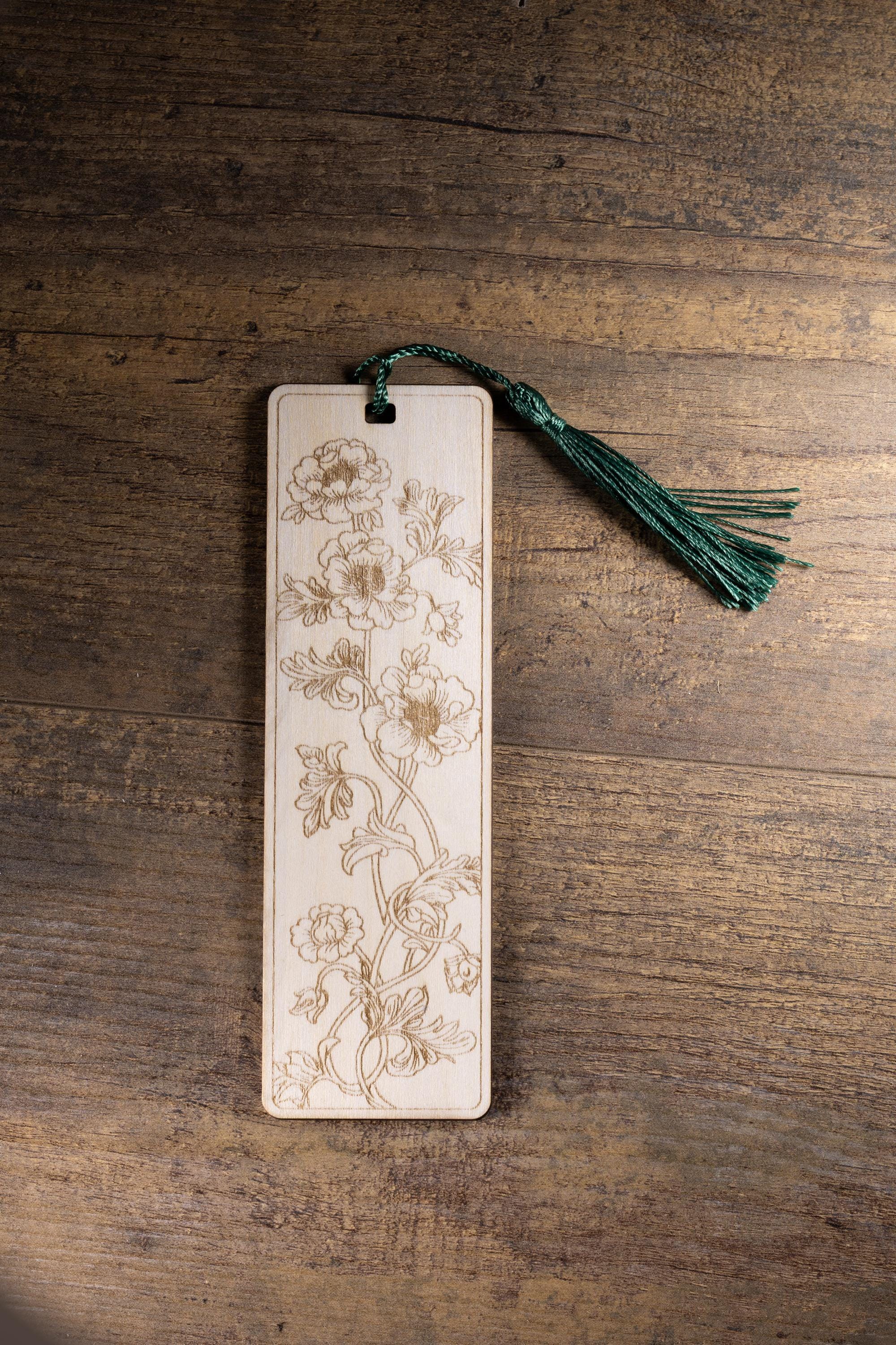 Floral laser engraved wood bookmark with tassel