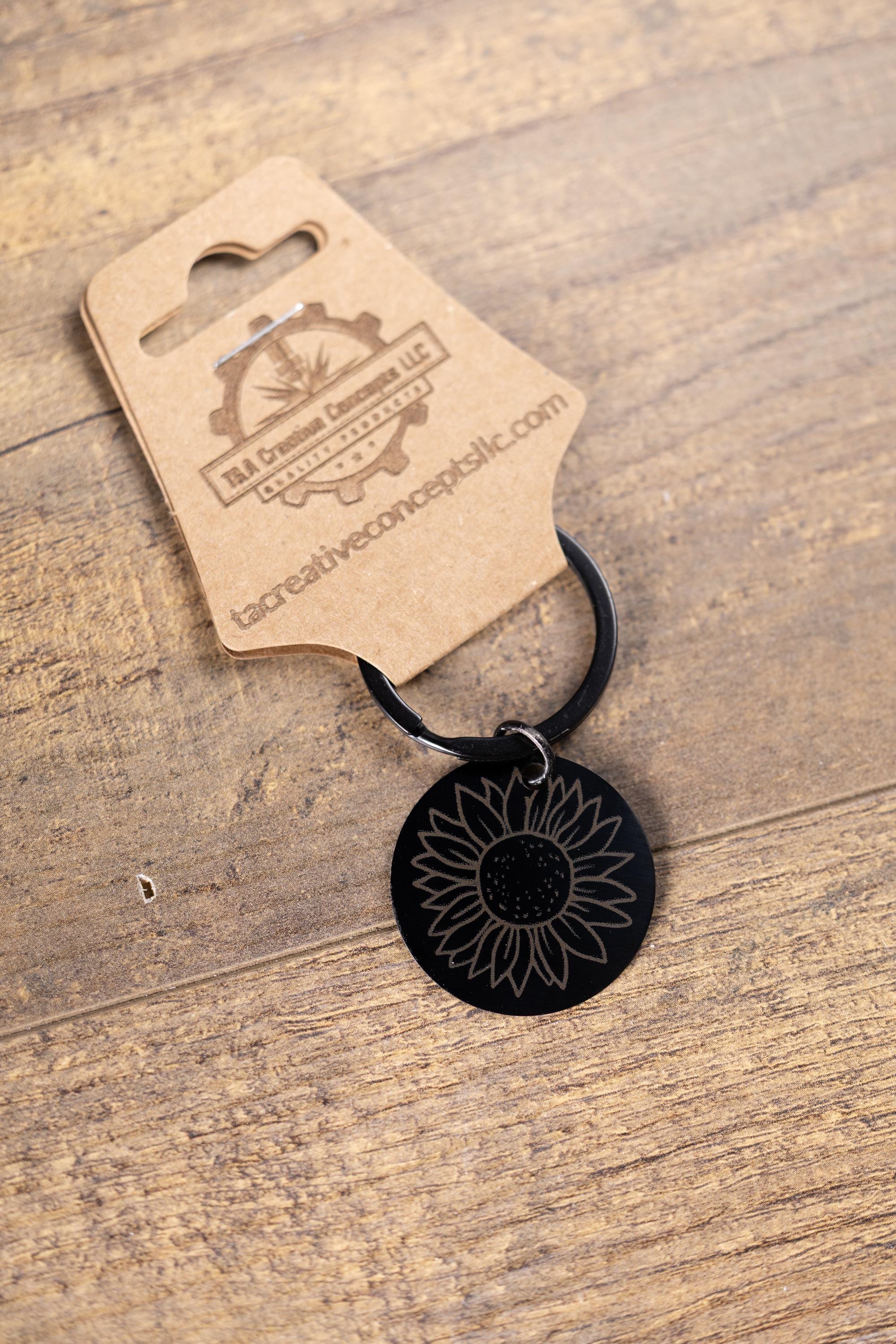 Laser engraved sunflower keychain: black stainless steel, stylish gift