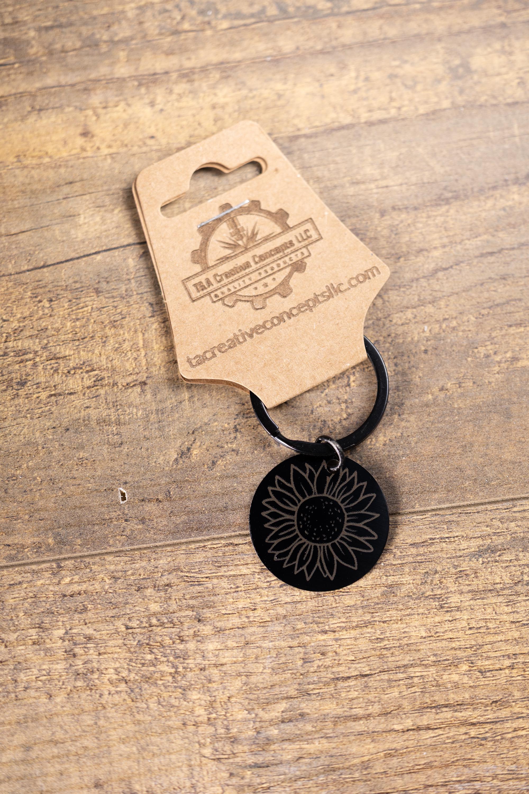 Laser engraved sunflower keychain: black stainless steel, stylish gift