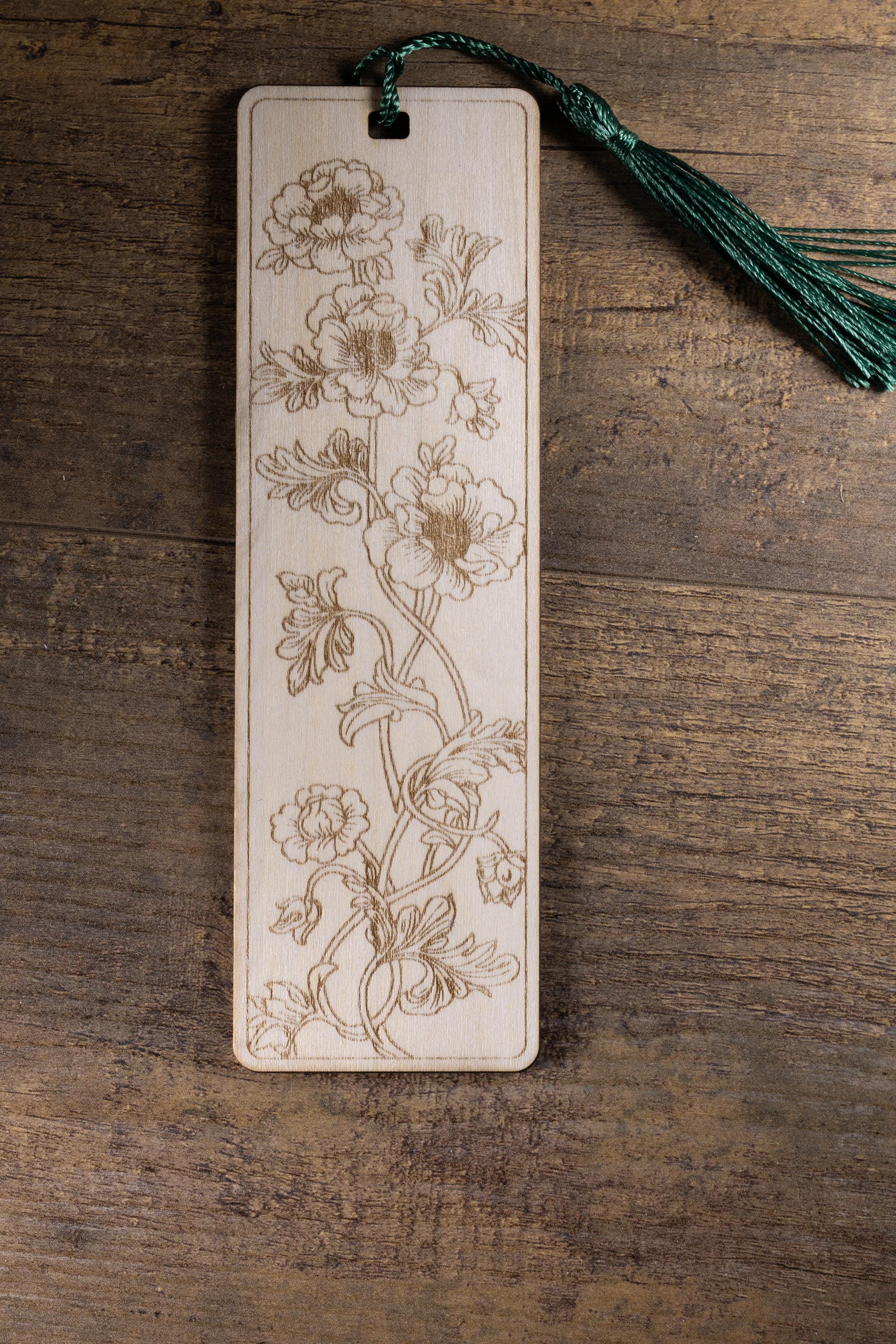 Floral laser engraved wood bookmark with tassel