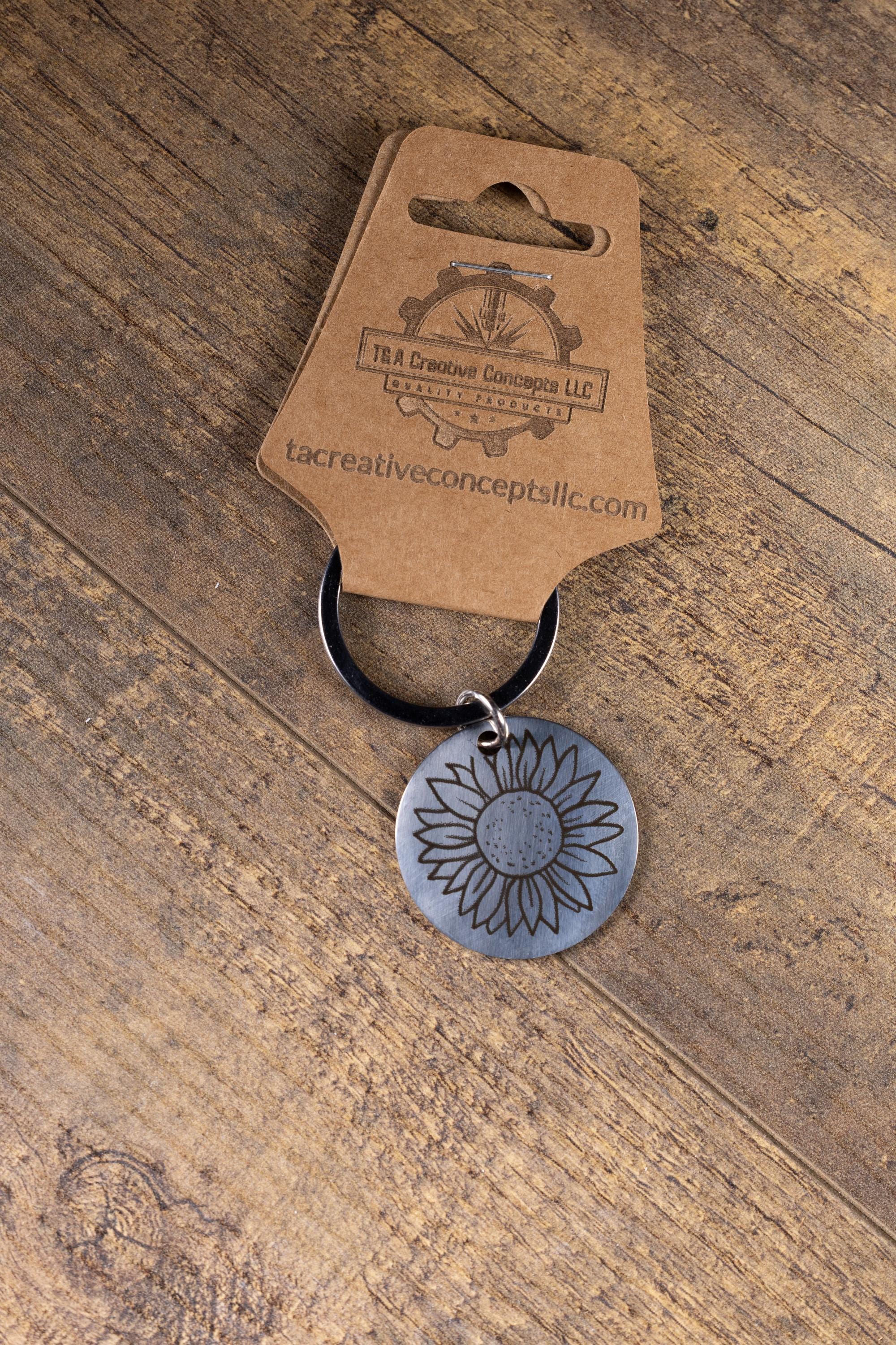 Laser engraved sunflower stainless steel keychain - floral gift