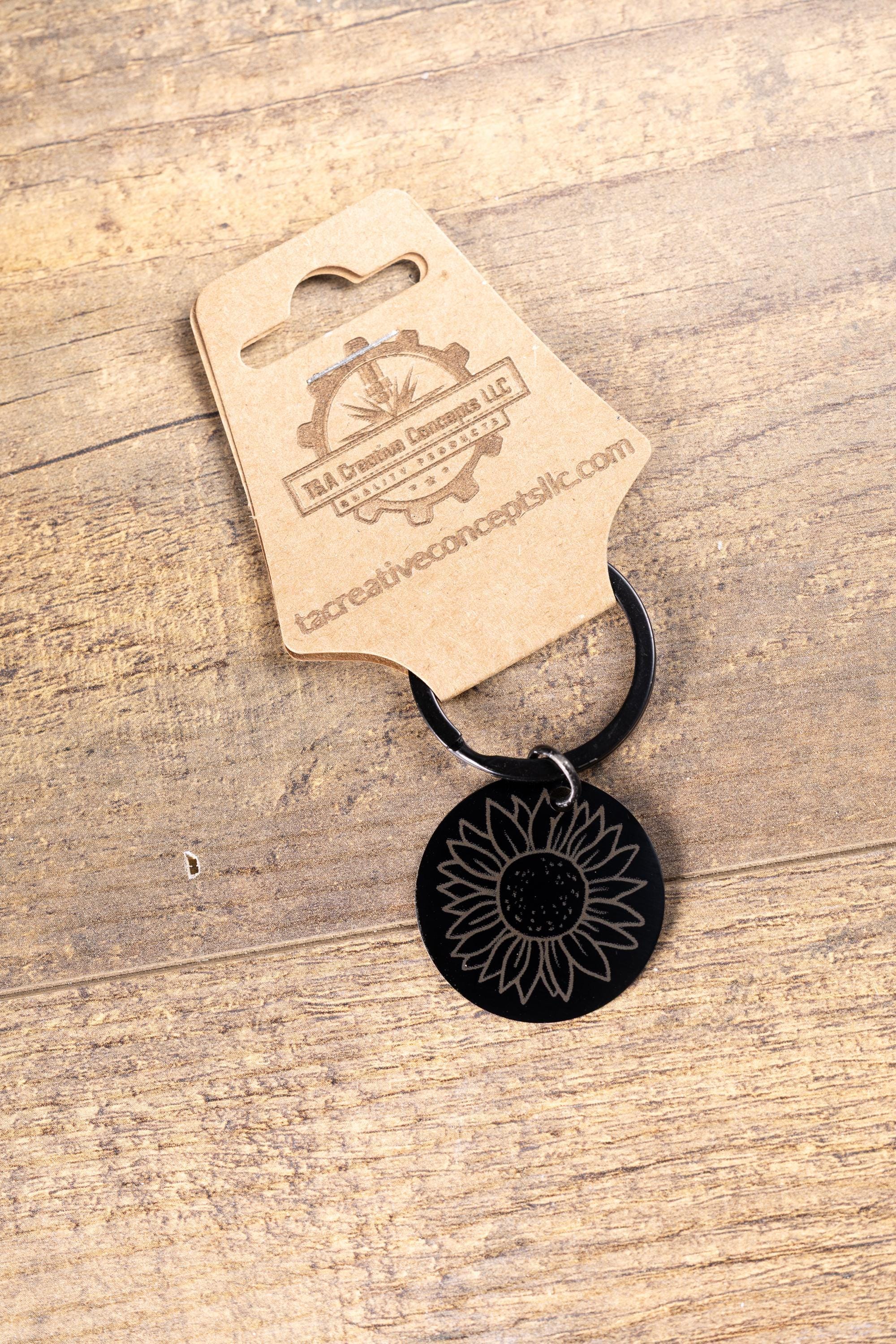 Laser engraved sunflower keychain: black stainless steel, stylish gift