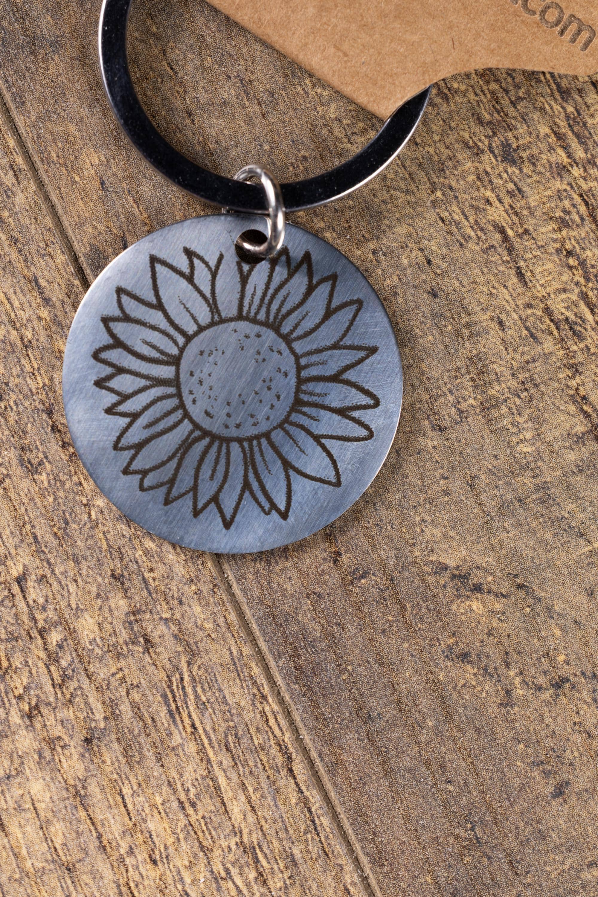 Laser engraved sunflower stainless steel keychain - floral gift