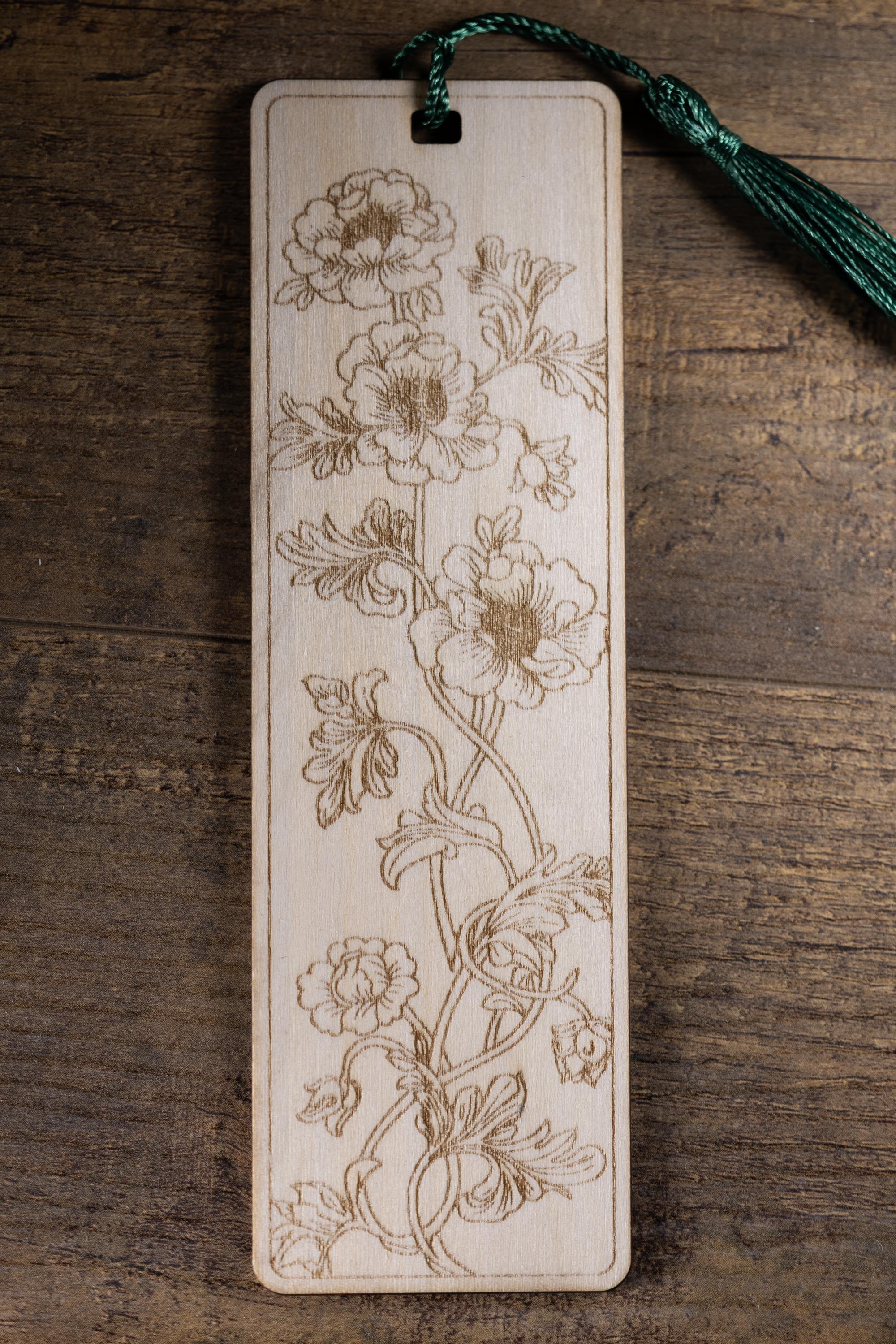 Floral laser engraved wood bookmark with tassel