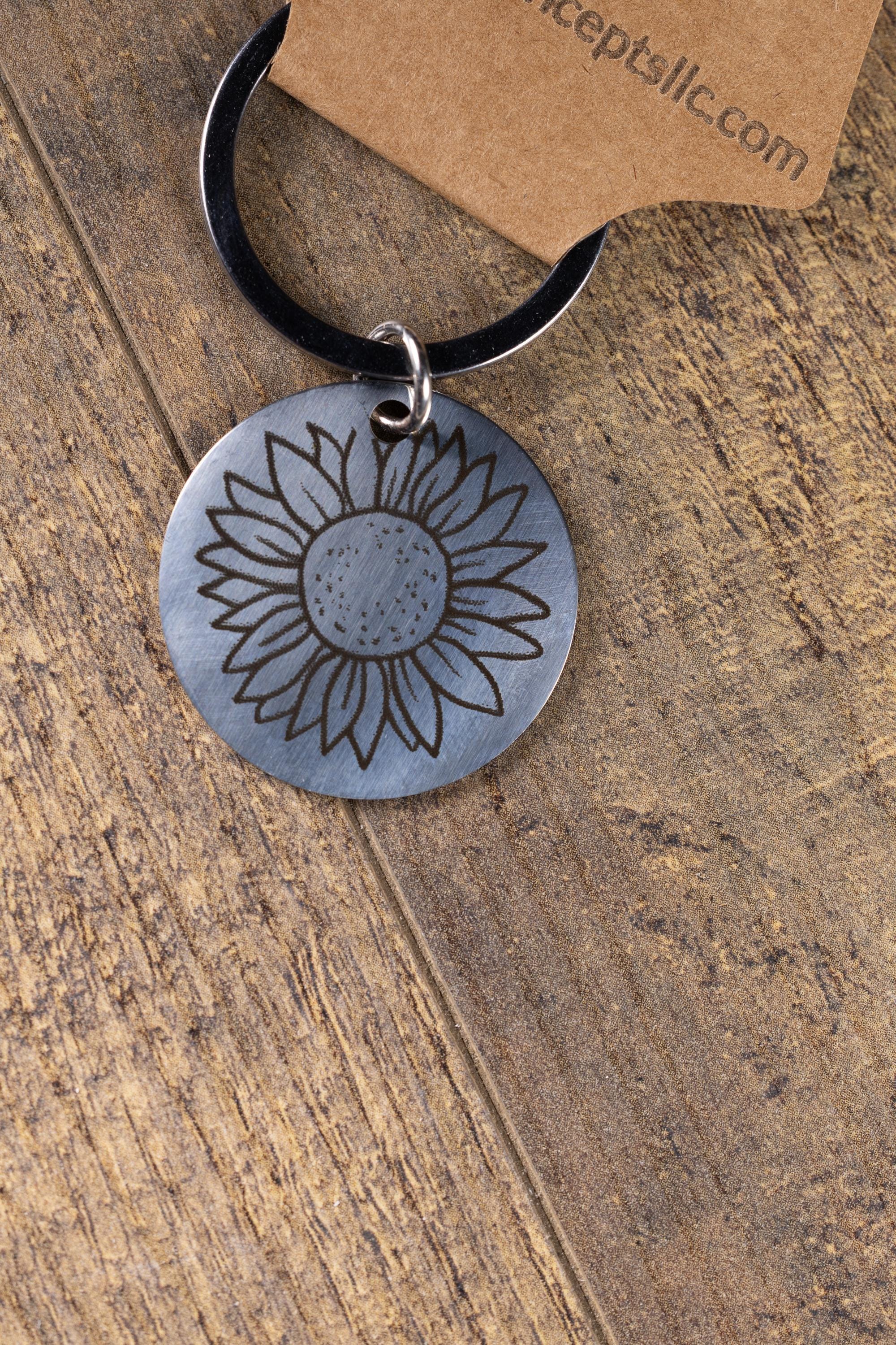 Laser engraved sunflower stainless steel keychain - floral gift