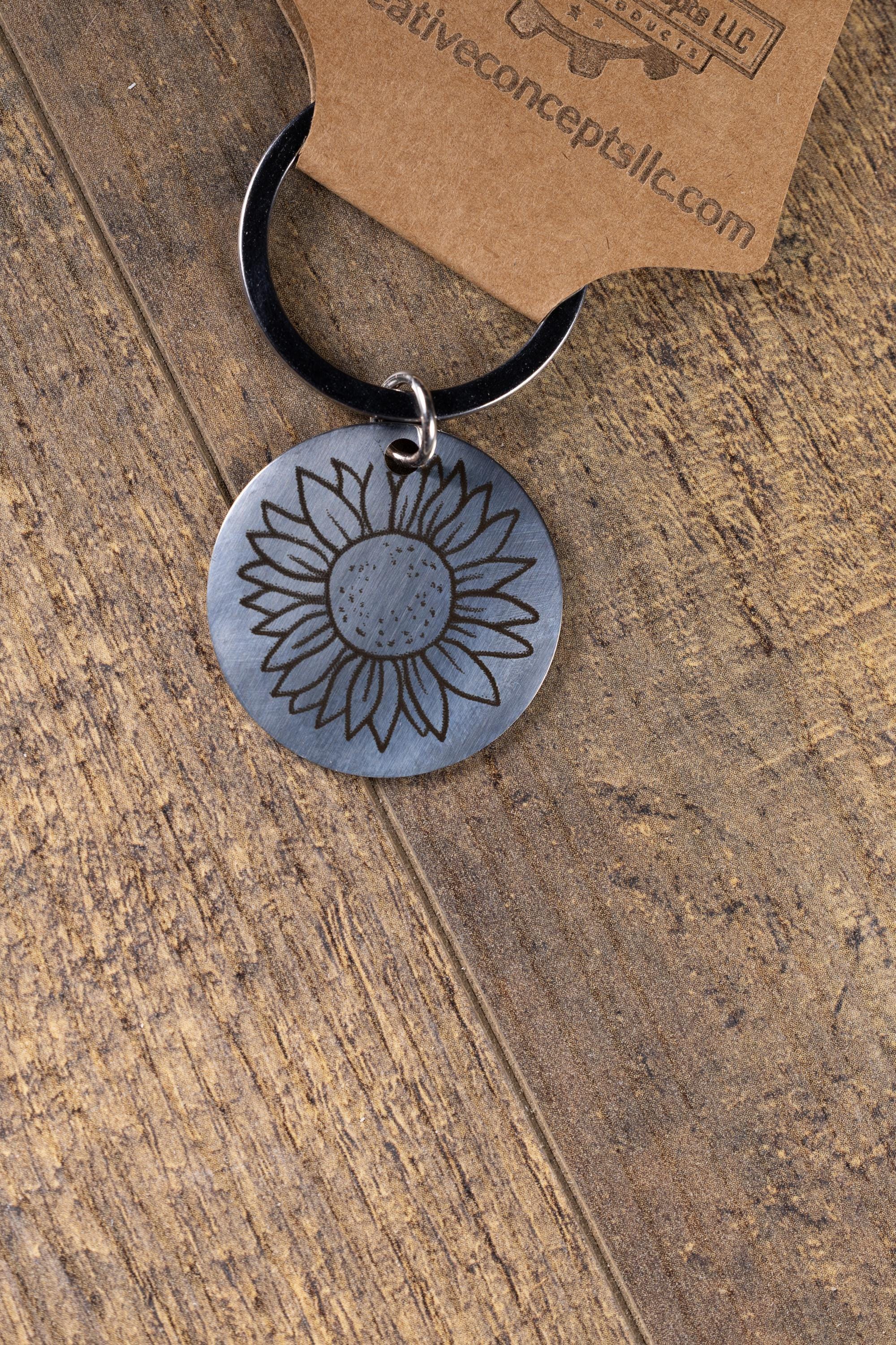 Laser engraved sunflower stainless steel keychain - floral gift