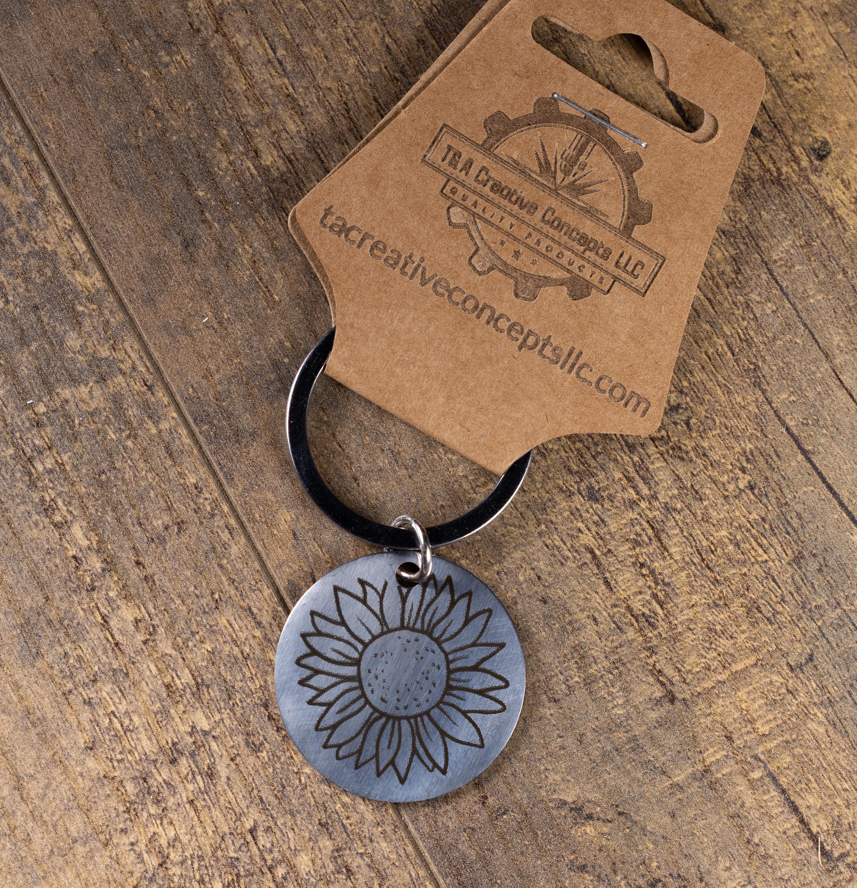 Laser engraved sunflower stainless steel keychain - floral gift