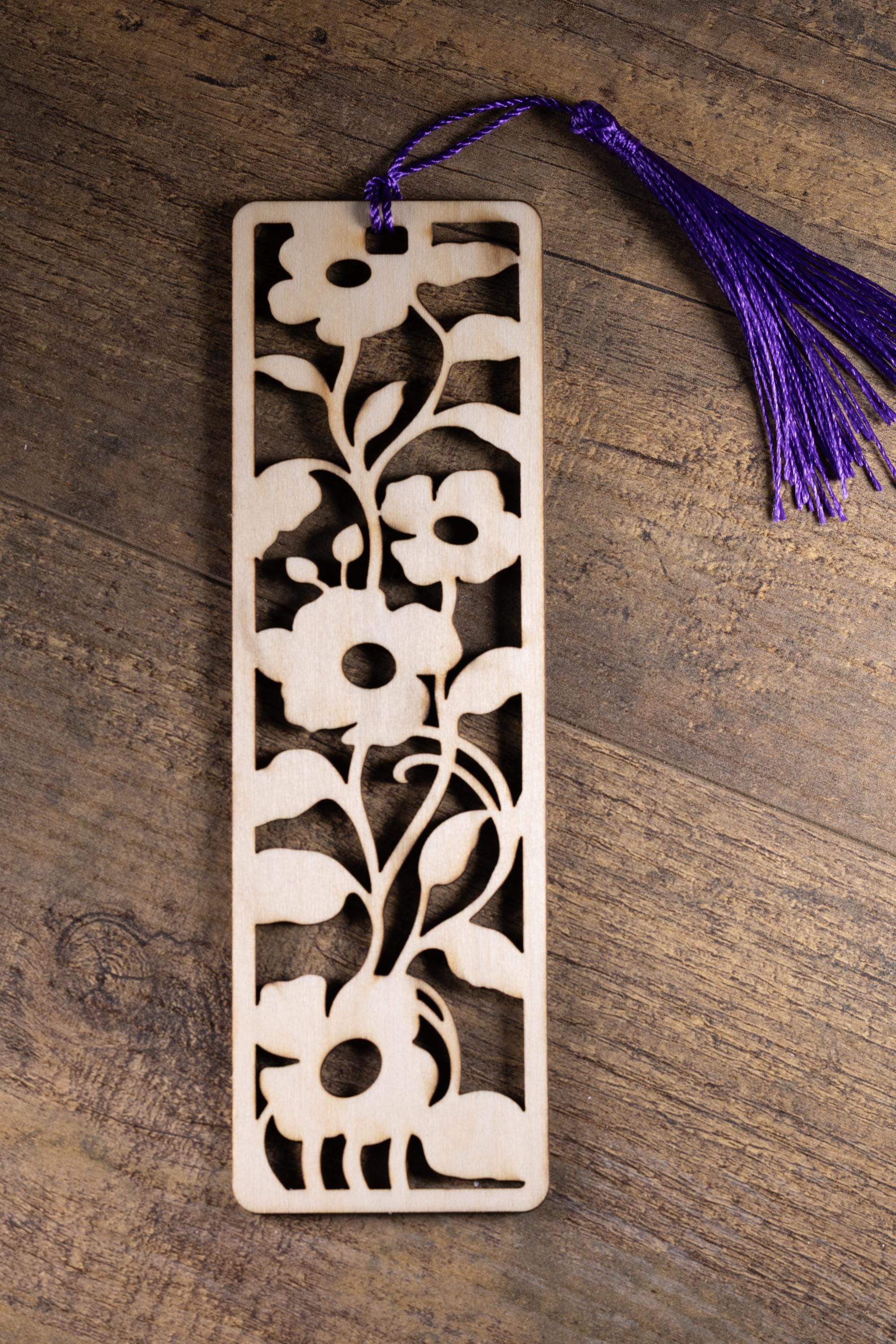 Laser cut floral wood bookmark: intricate flower design