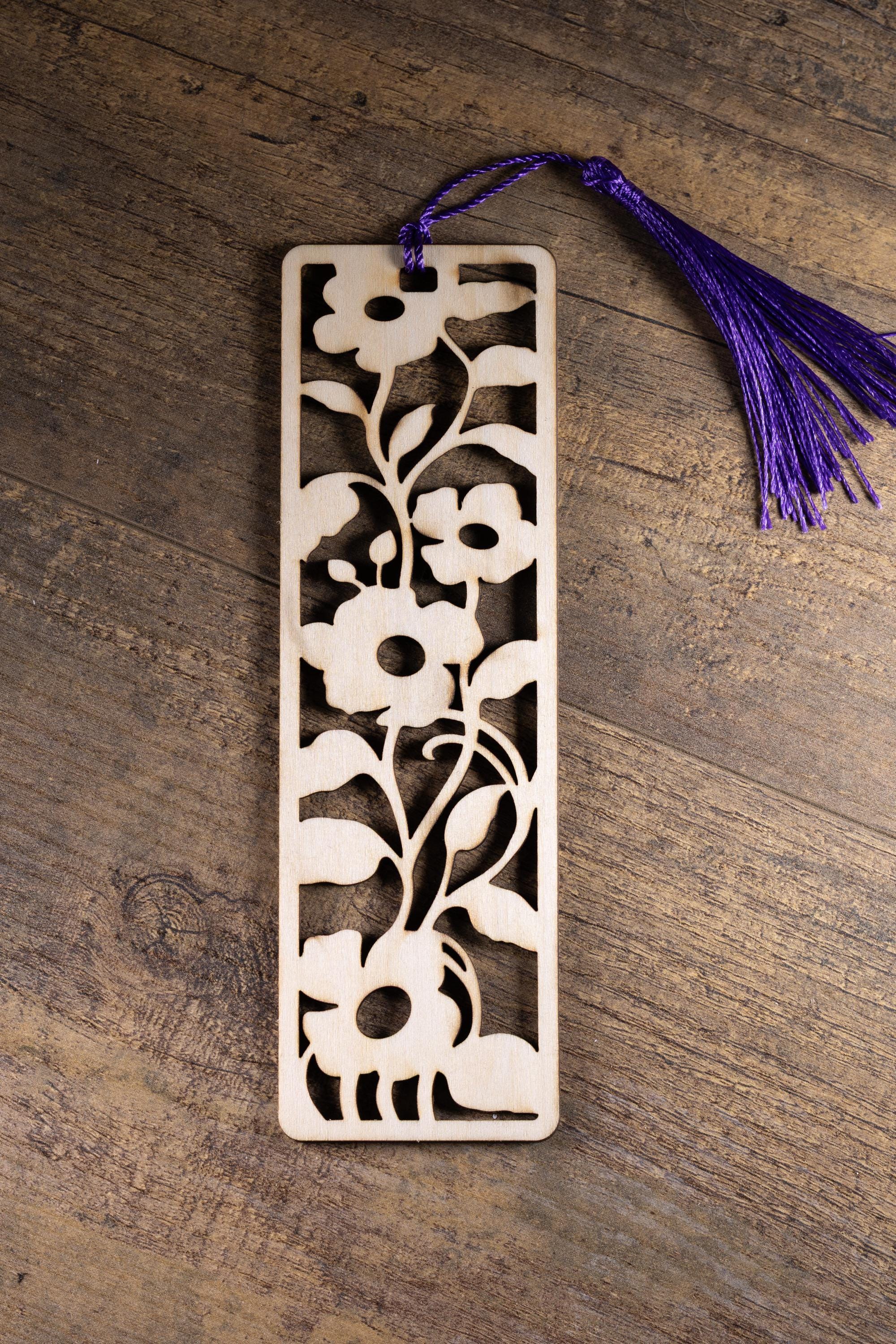 Laser cut floral wood bookmark: intricate flower design