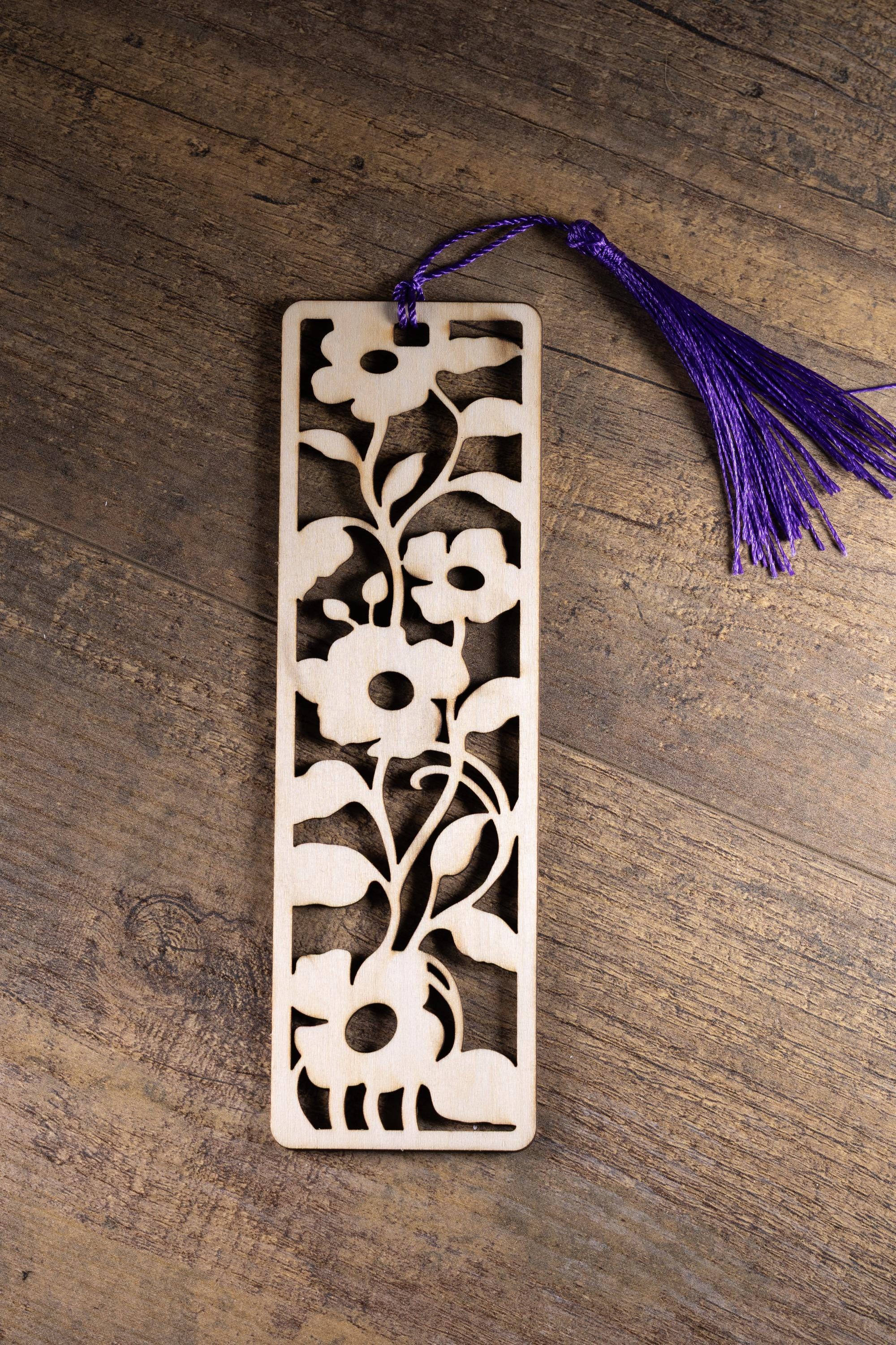 Laser cut floral wood bookmark: intricate flower design