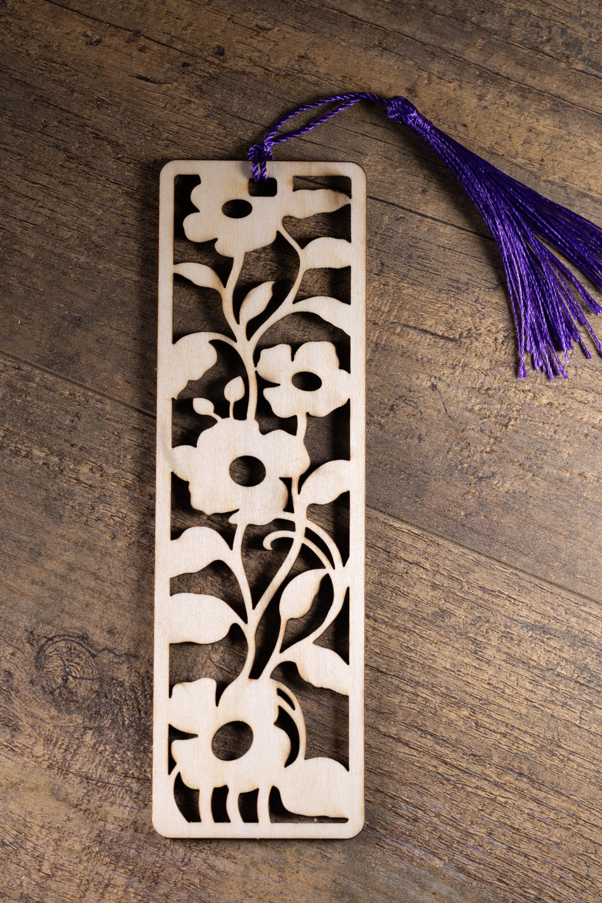 Laser cut floral wood bookmark: intricate flower design