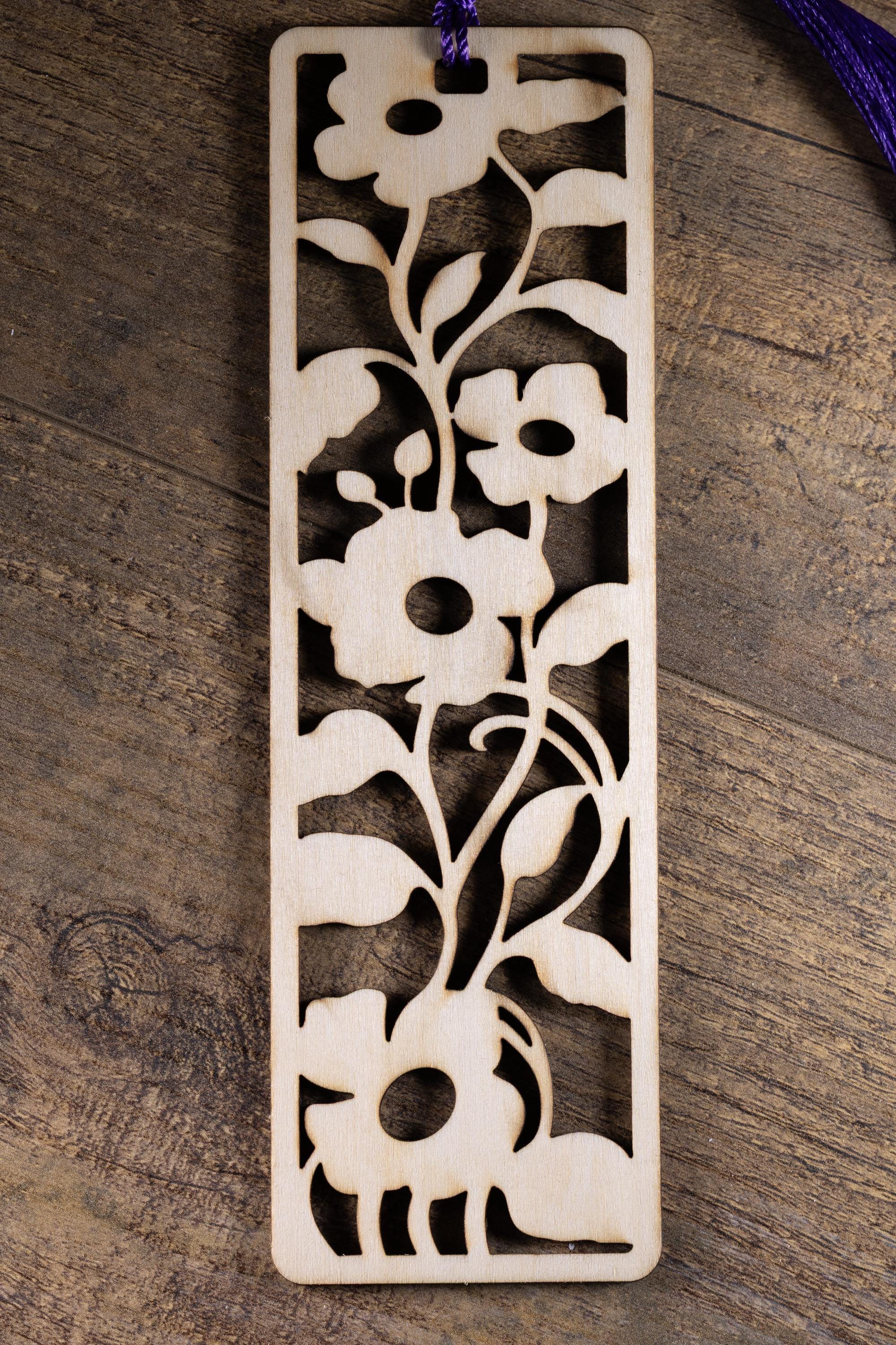 Laser cut floral wood bookmark: intricate flower design