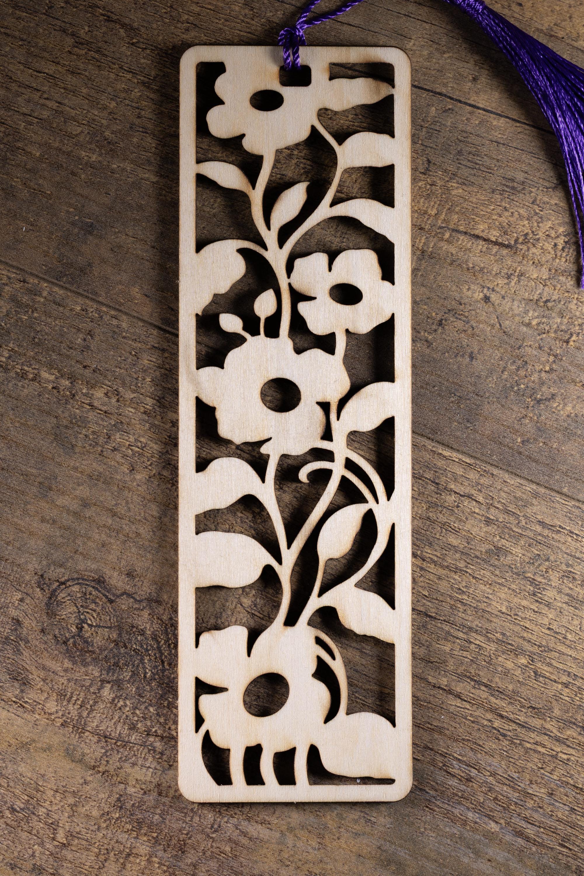 Laser cut floral wood bookmark: intricate flower design