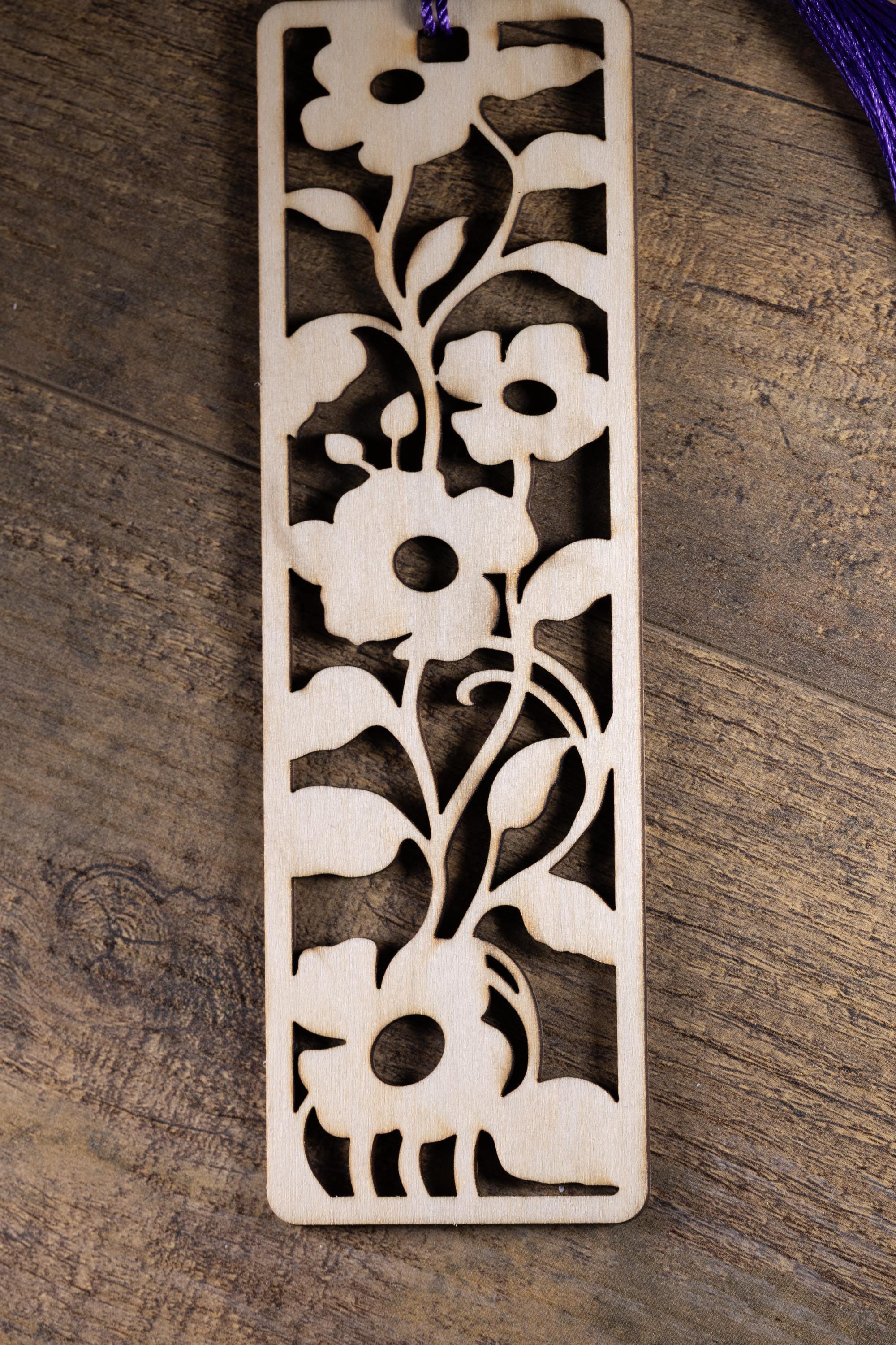 Laser cut floral wood bookmark: intricate flower design