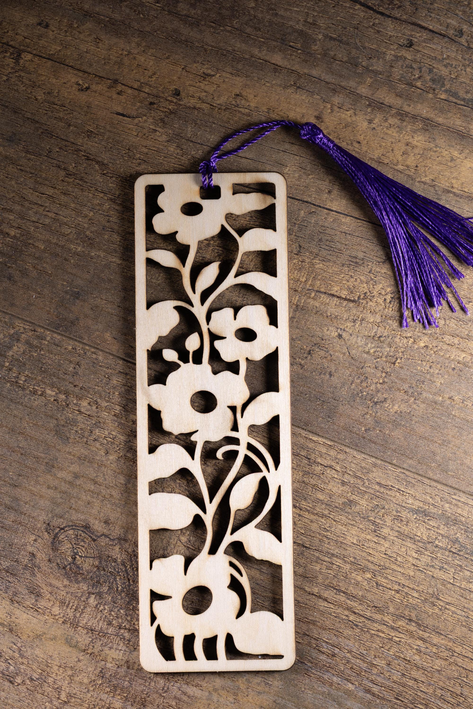 Laser cut floral wood bookmark: intricate flower design