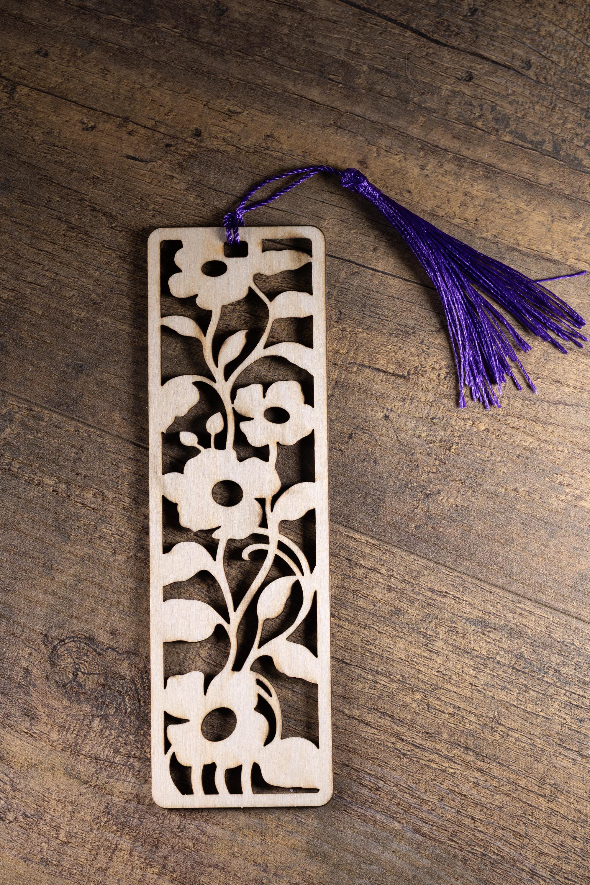 Laser cut floral wood bookmark: intricate flower design