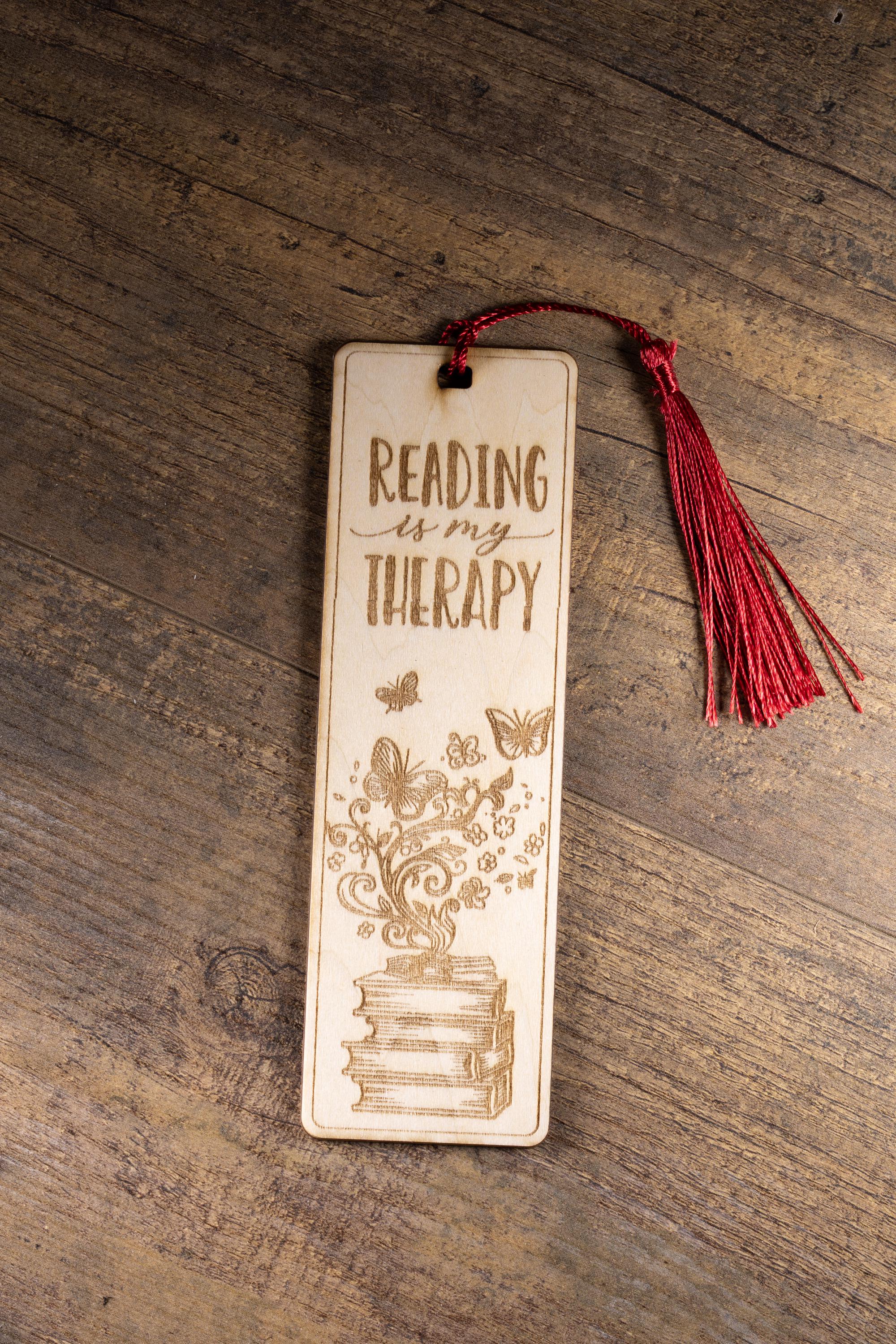 Laser engraved “reading is my therapy” wood bookmark | book lover gift | 1/8” ply | random tassel color