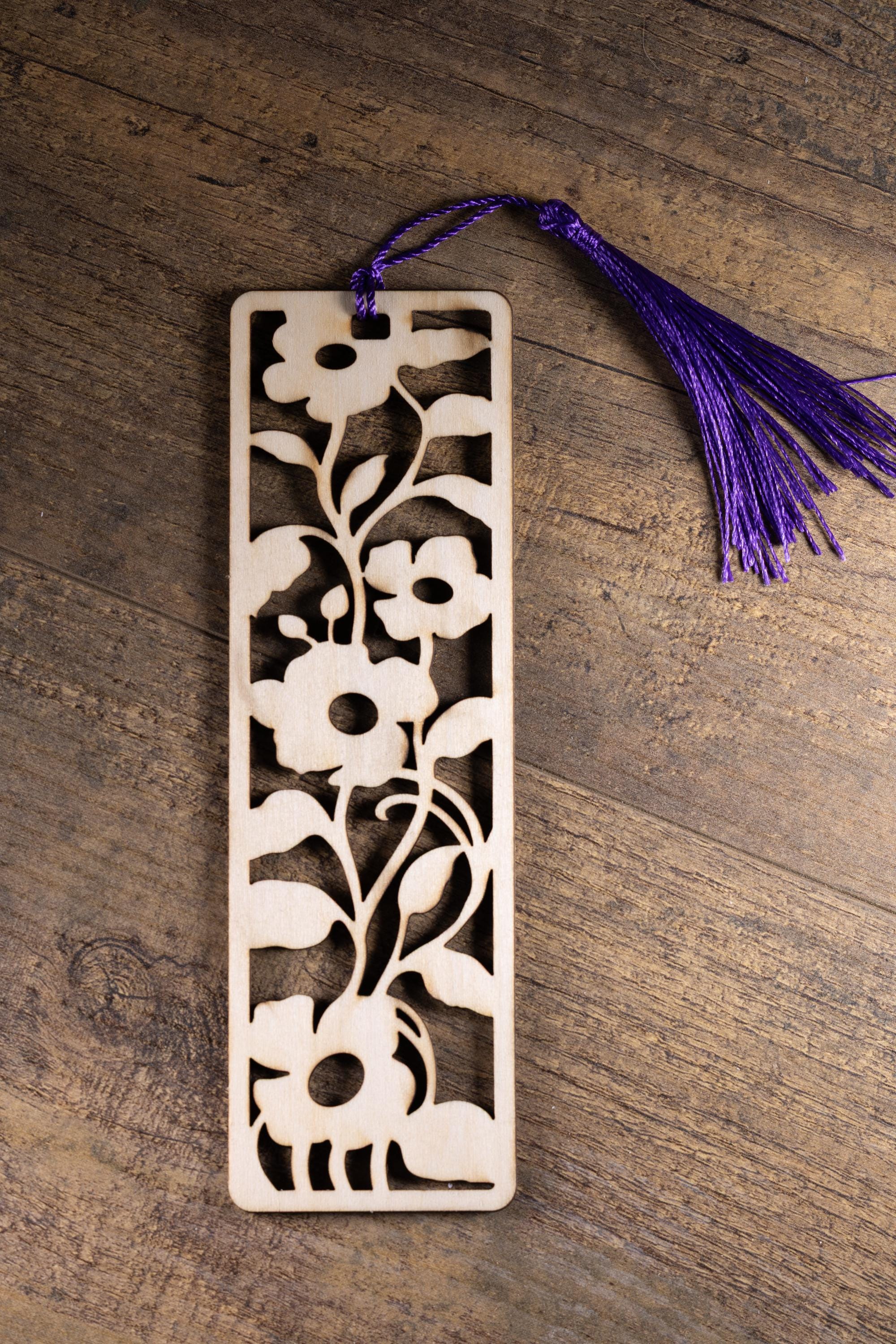 Laser cut floral wood bookmark: intricate flower design