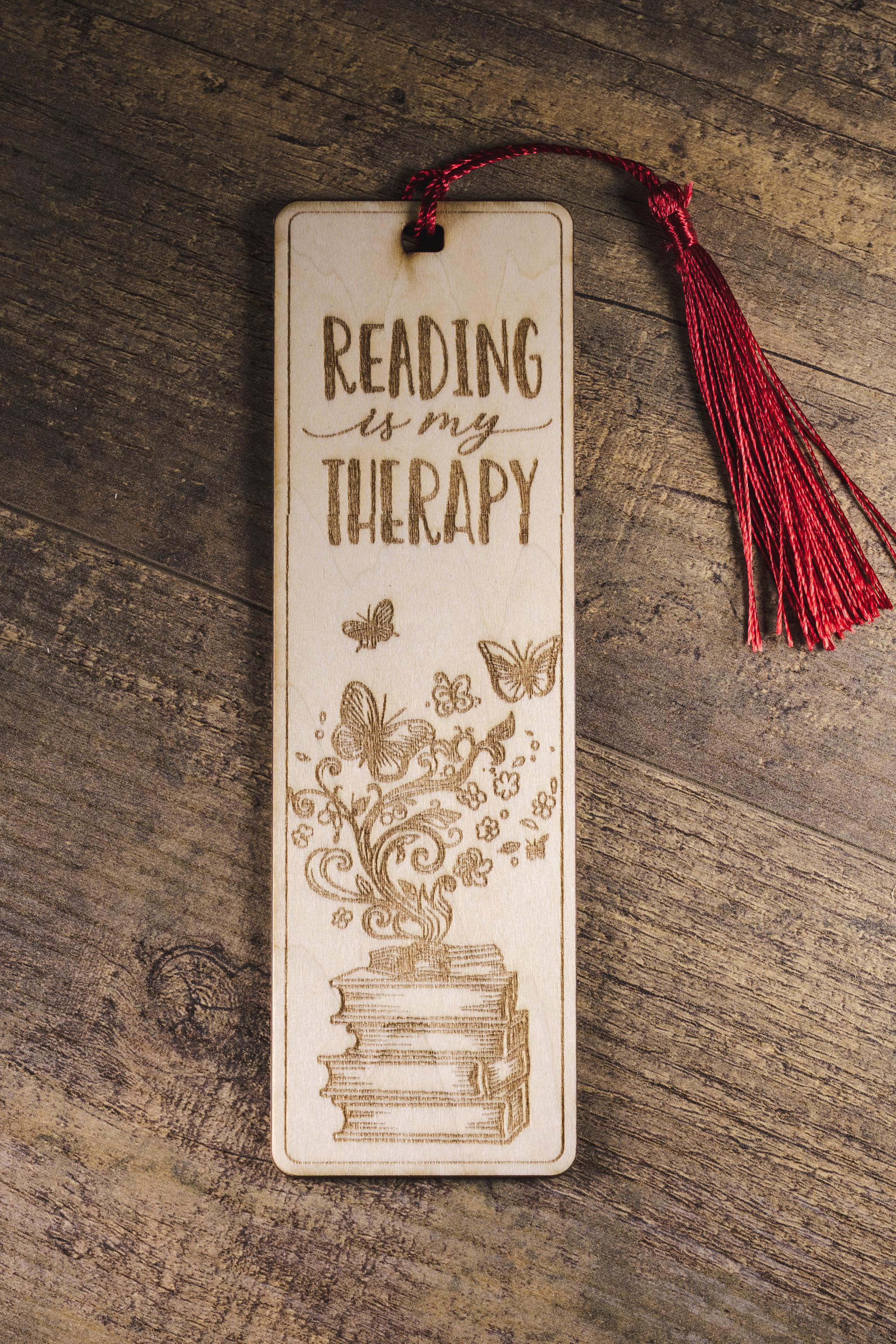 Laser engraved “reading is my therapy” wood bookmark | book lover gift | 1/8” ply | random tassel color