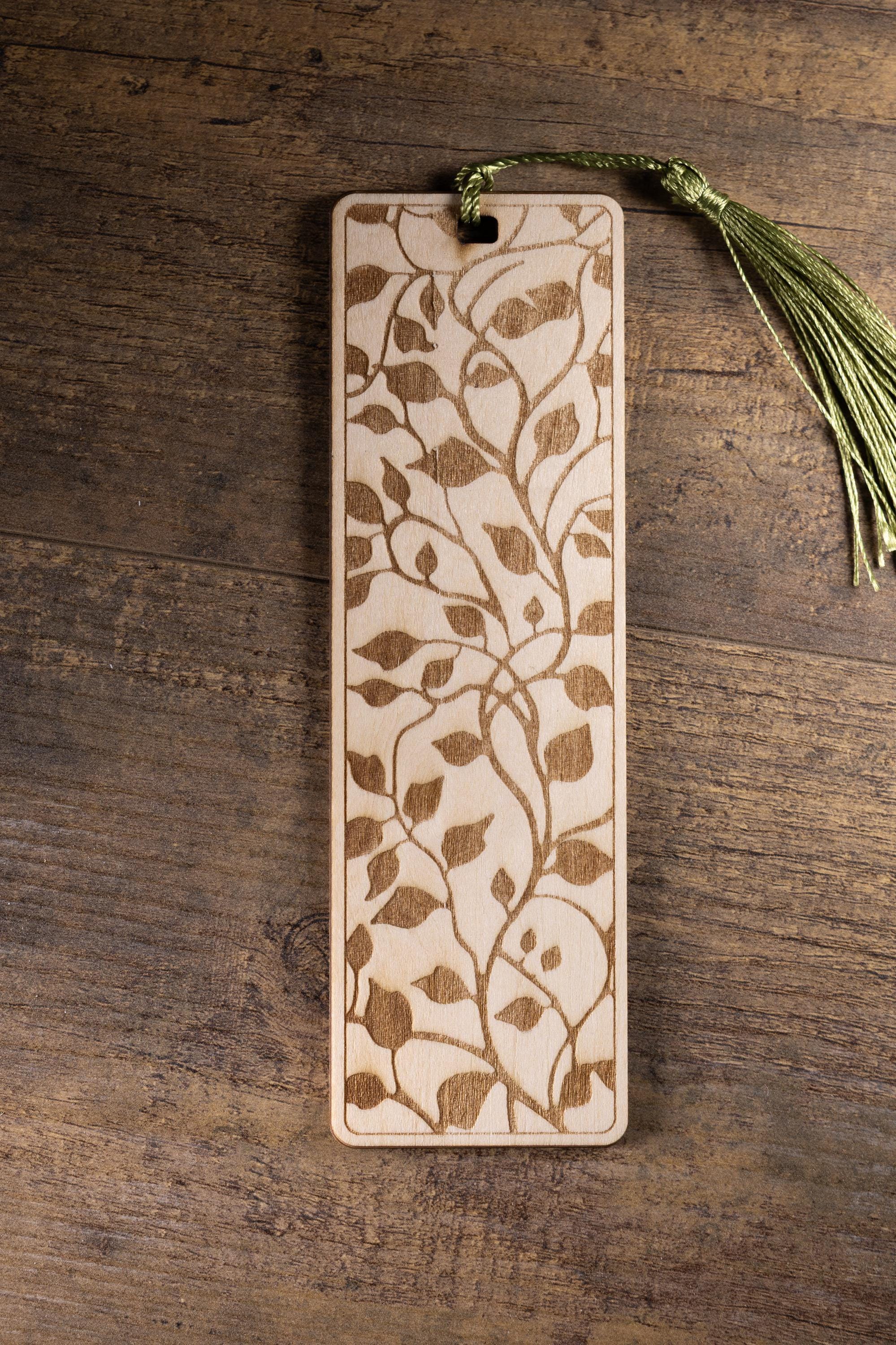 Laser engraved wood bookmark: botanical leaves pattern