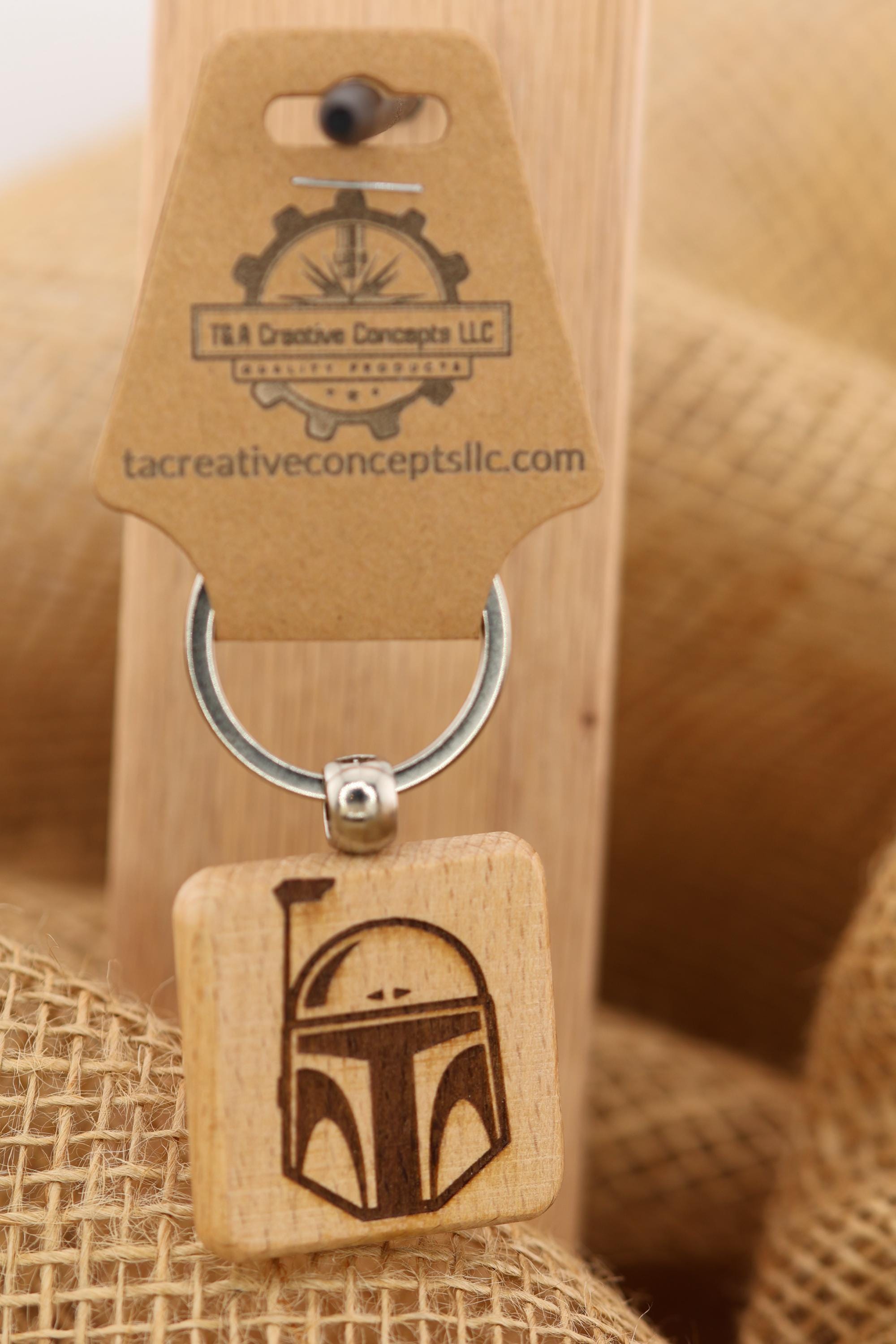 Laser Engraved Boba Fett Helmet Keychain / Bag Charm: hardwood star wars gift