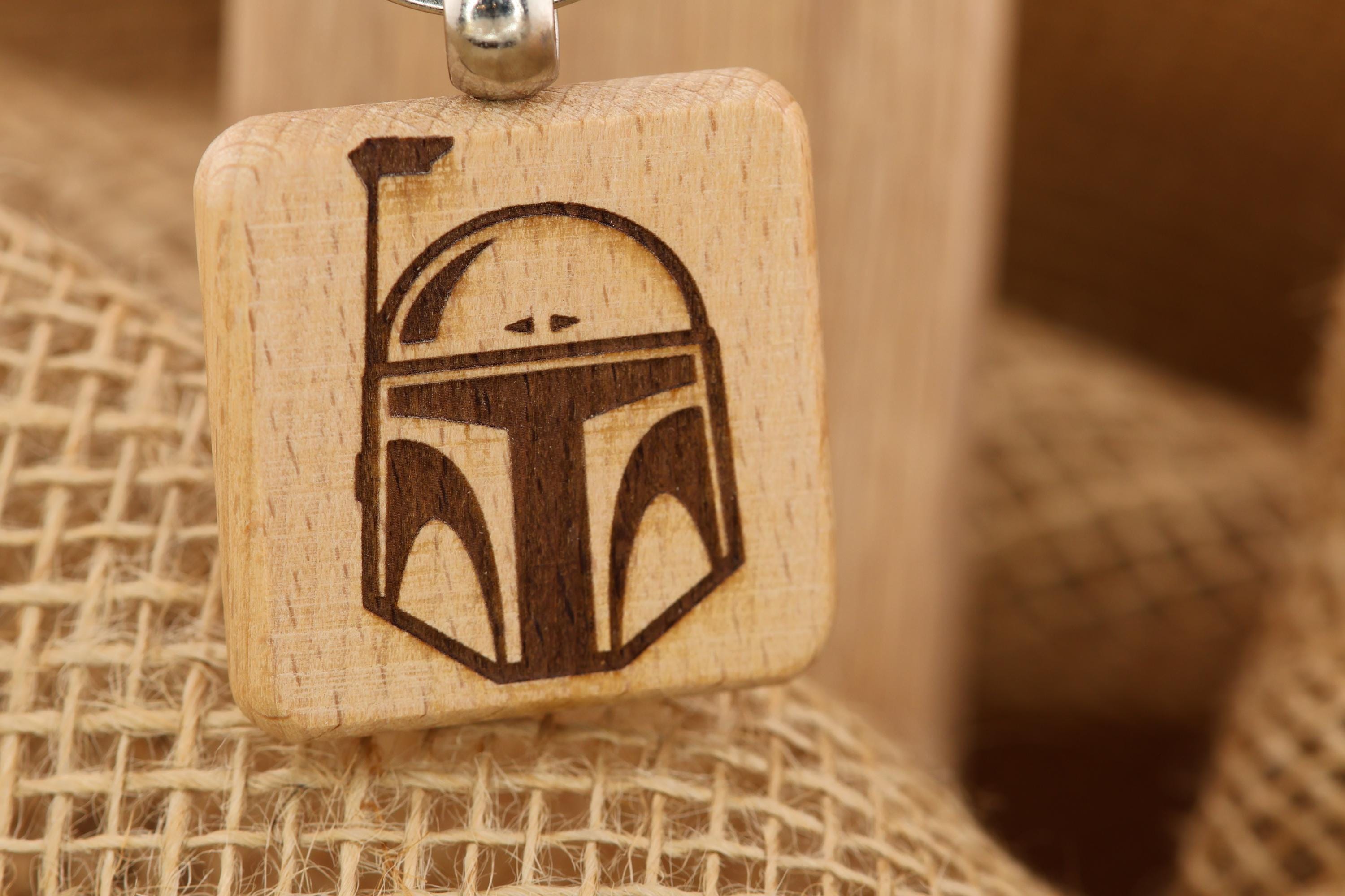Laser Engraved Boba Fett Helmet Keychain / Bag Charm: hardwood star wars gift