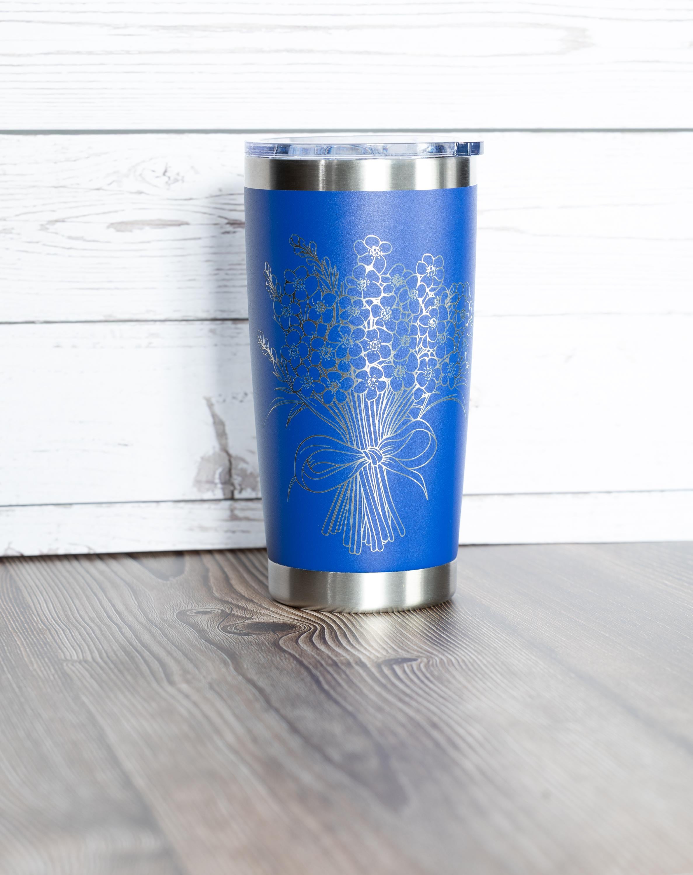 Forget me not bouquet tumbler: floral laser engraved stainless steel cup