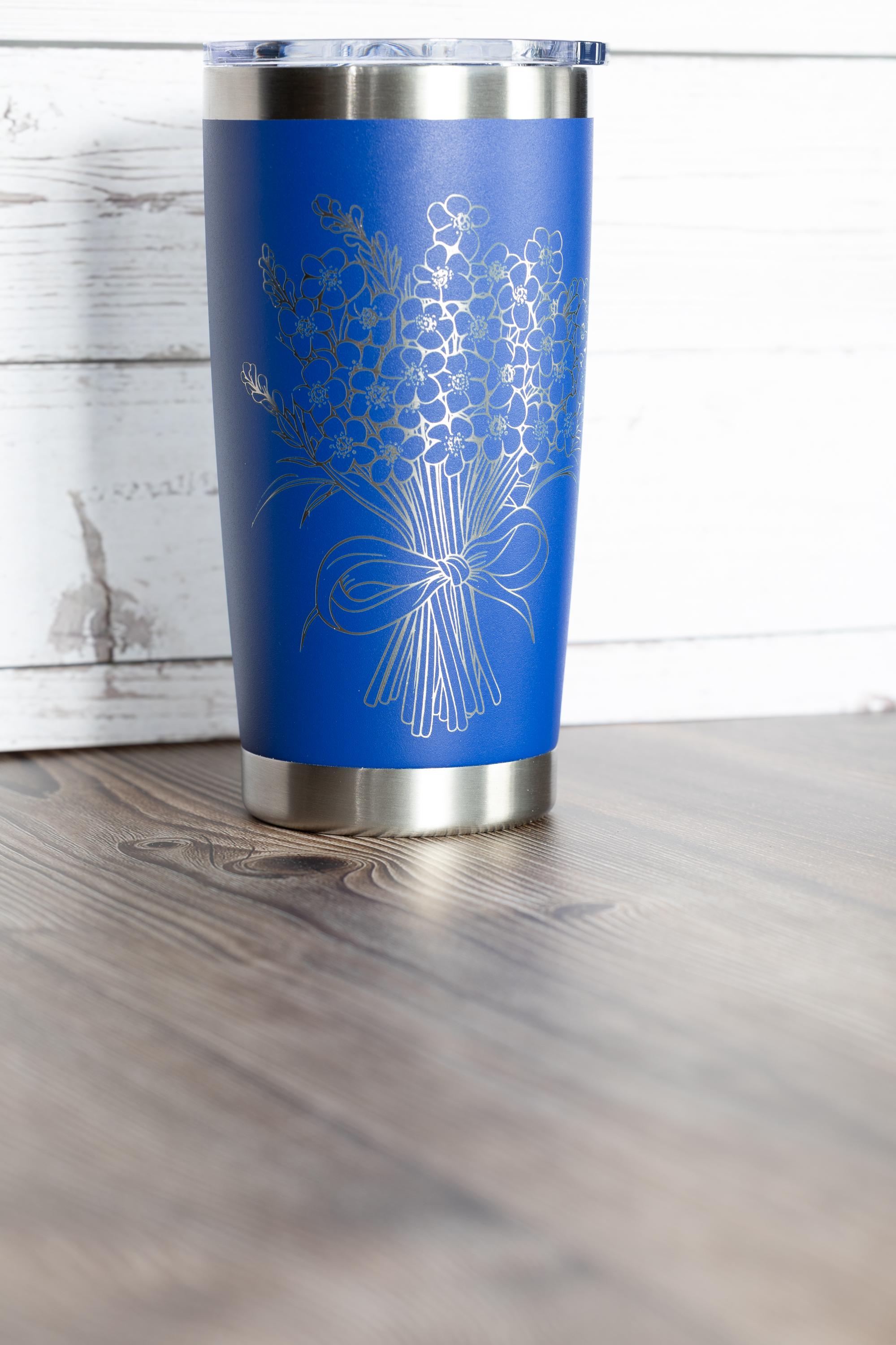 Forget me not bouquet tumbler: floral laser engraved stainless steel cup