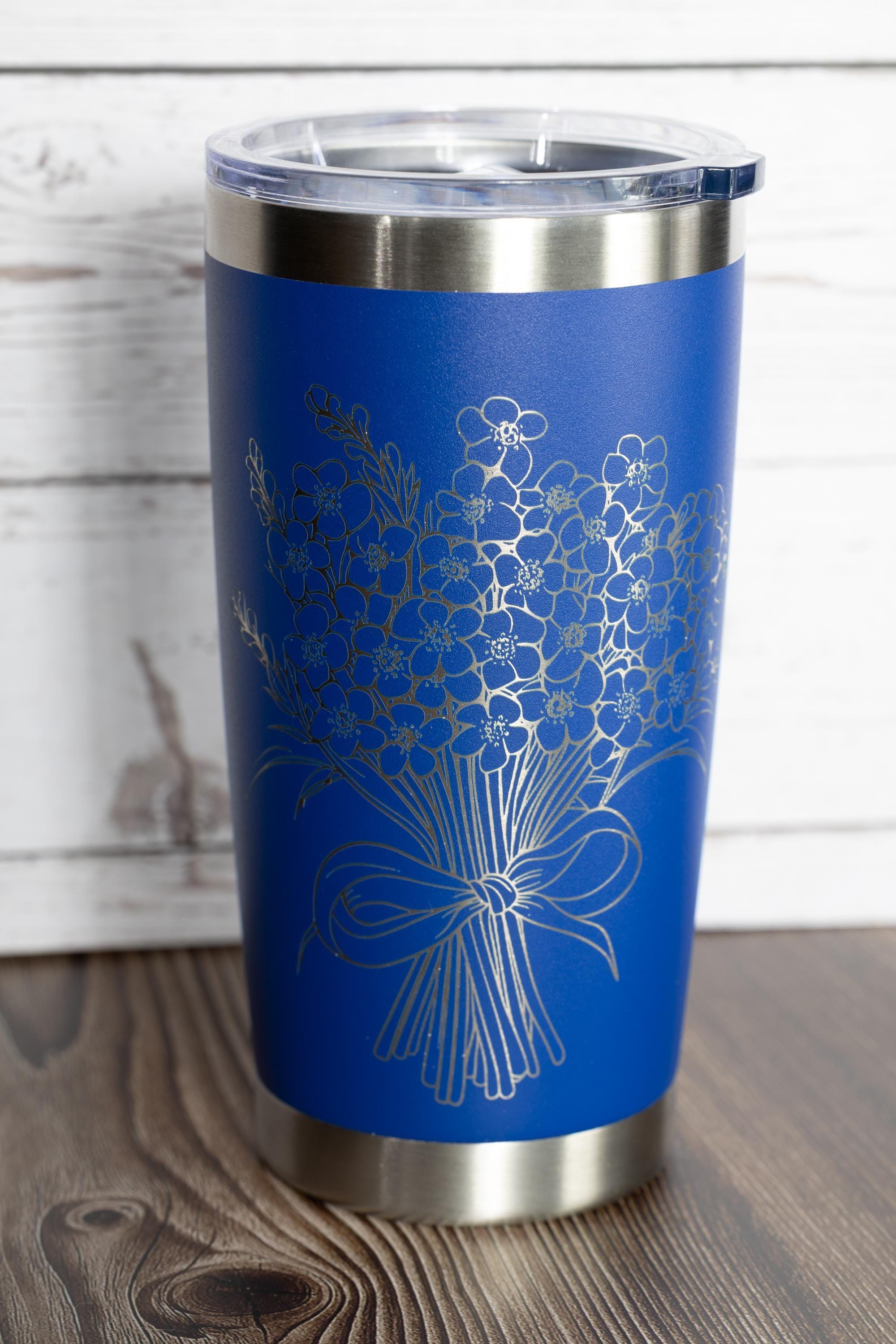 Forget me not bouquet tumbler: floral laser engraved stainless steel cup