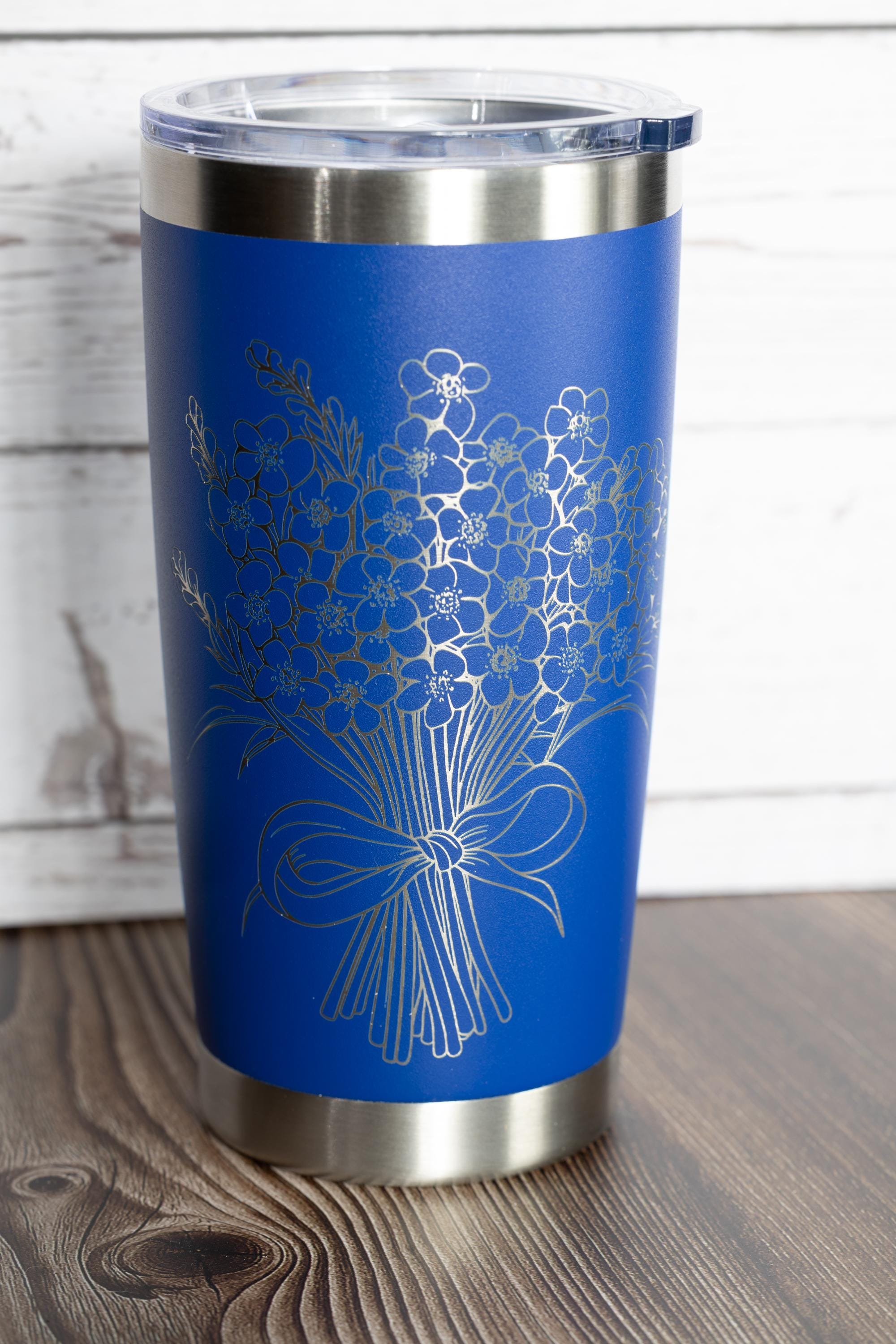 Forget me not bouquet tumbler: floral laser engraved stainless steel cup