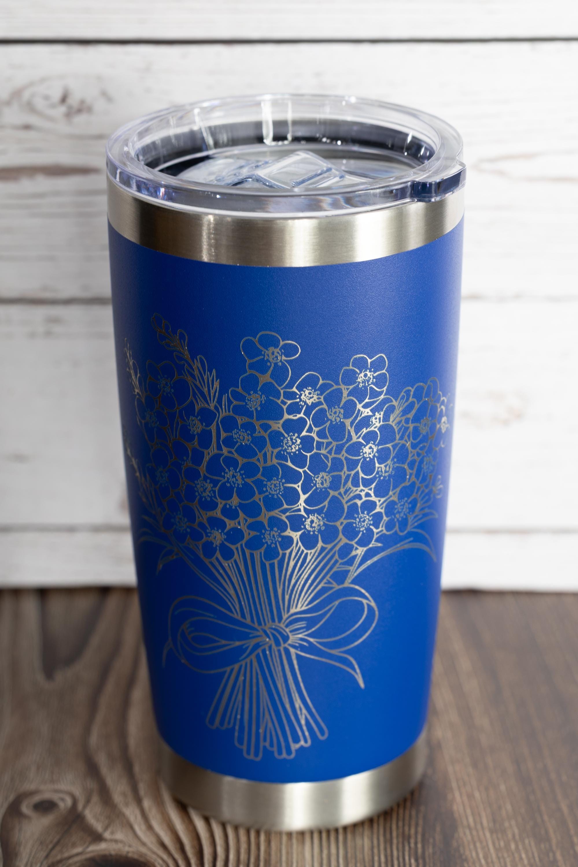 Forget me not bouquet tumbler: floral laser engraved stainless steel cup