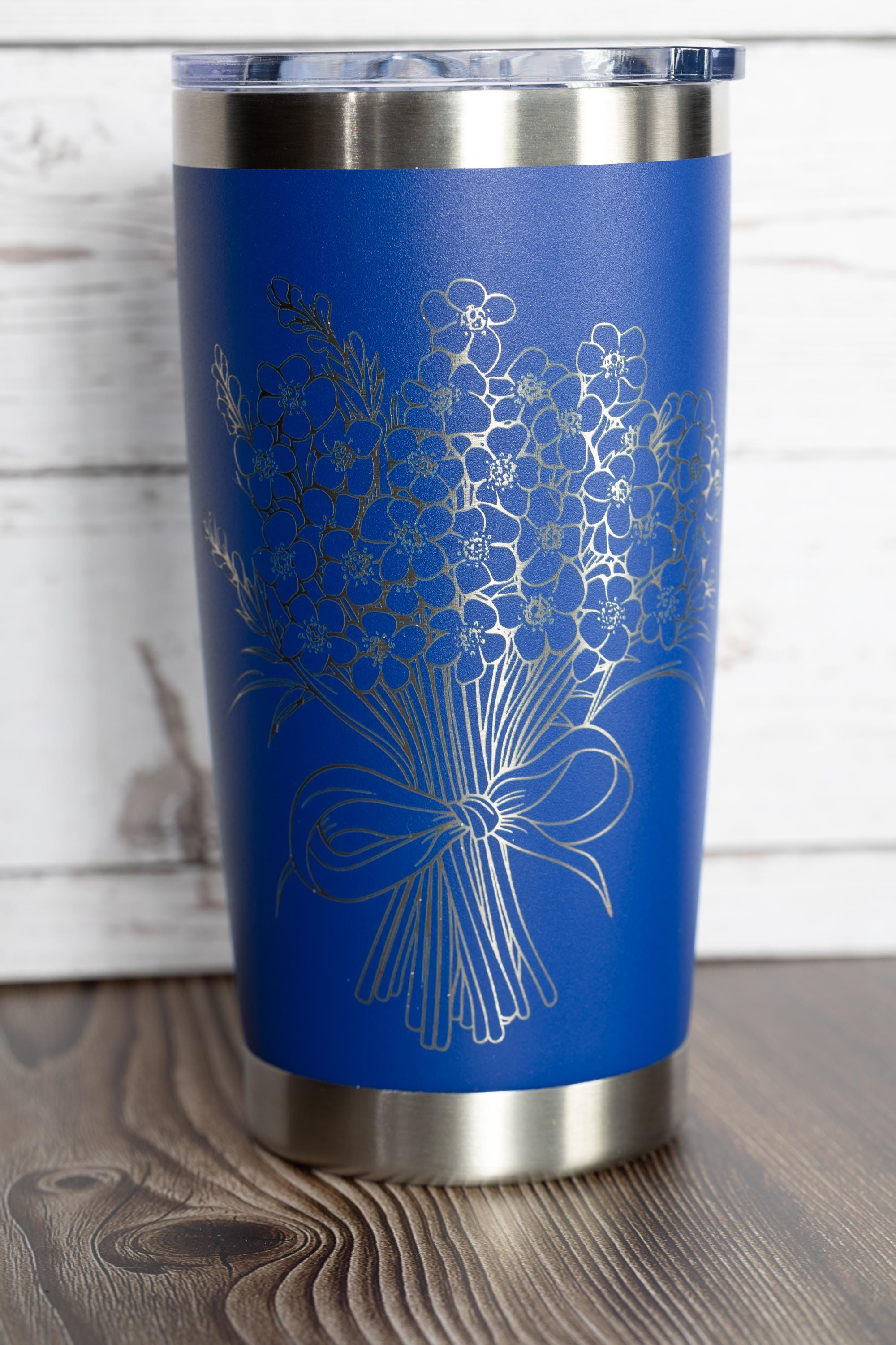 Forget me not bouquet tumbler: floral laser engraved stainless steel cup