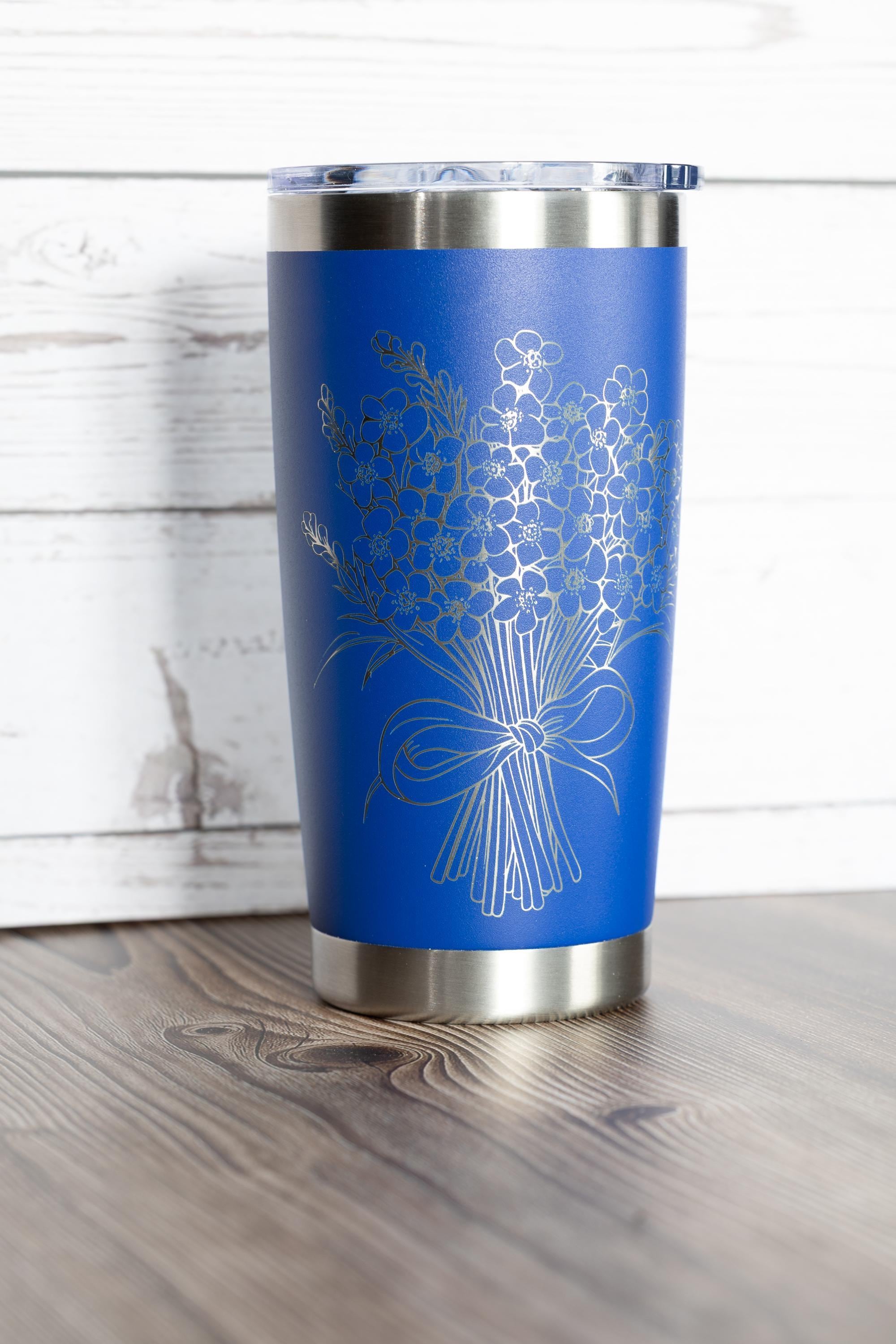 Forget me not bouquet tumbler: floral laser engraved stainless steel cup