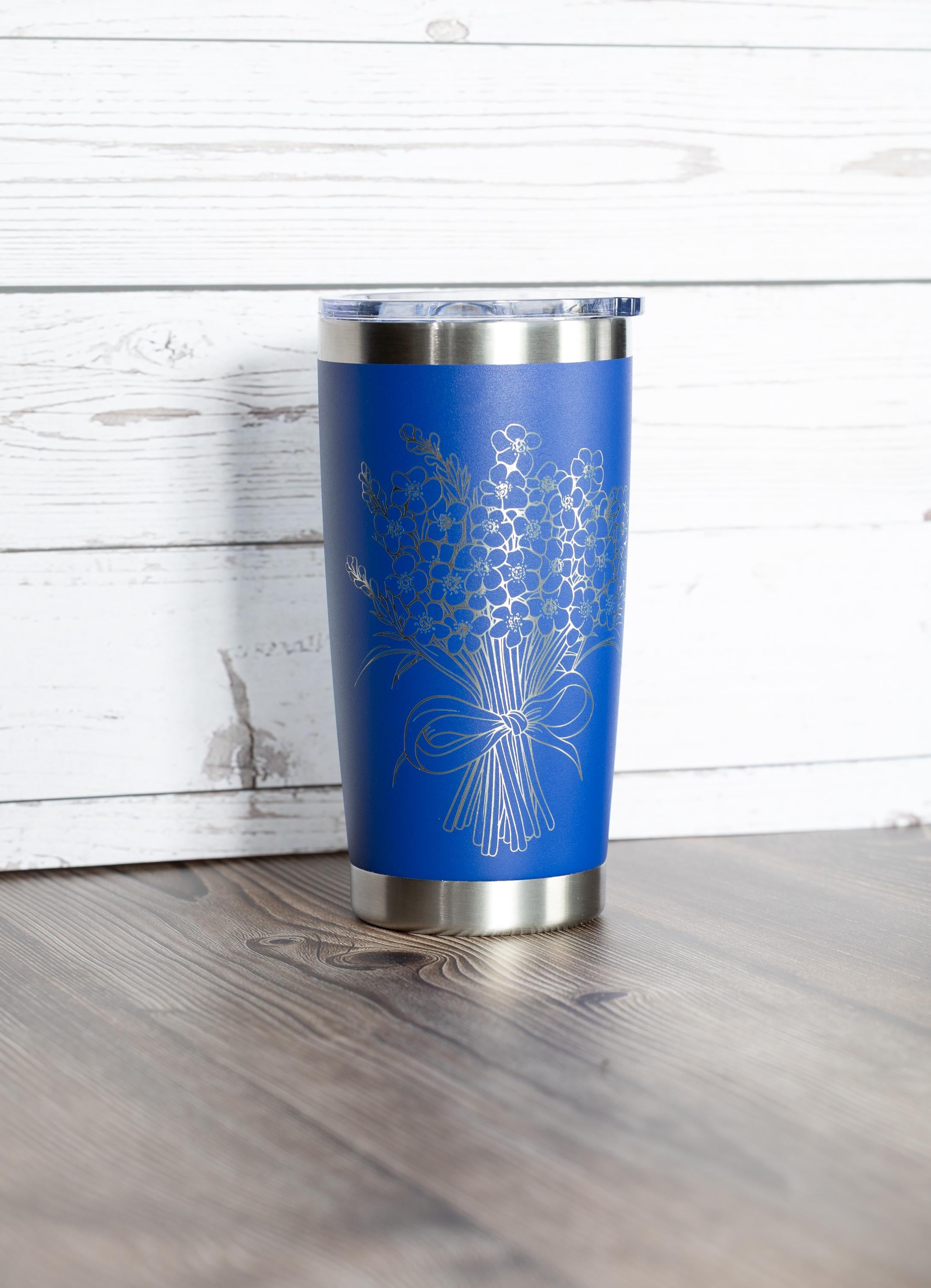 Forget me not bouquet tumbler: floral laser engraved stainless steel cup