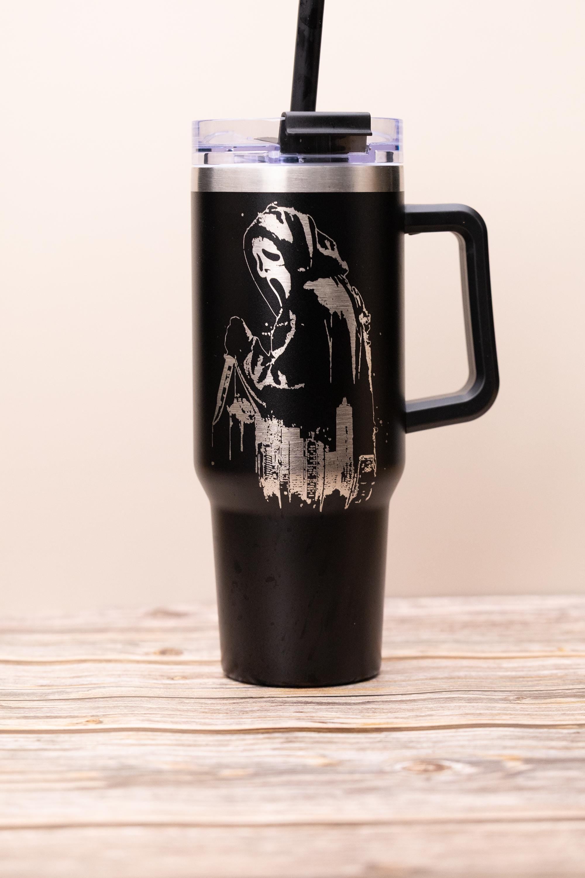 Ghost face tumbler: laser engraved scream movie stainless steel cup